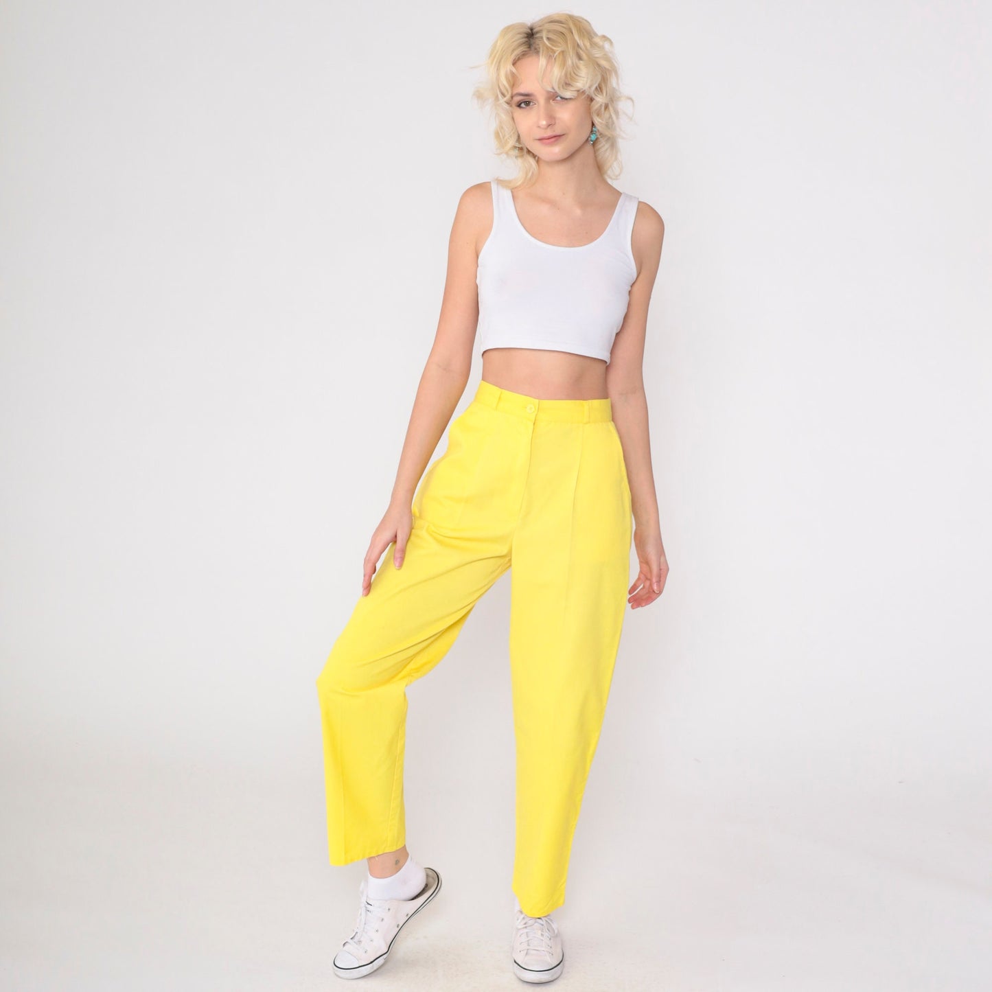 80s Yellow High-Waisted Pleated Tapered Trousers Extra Small