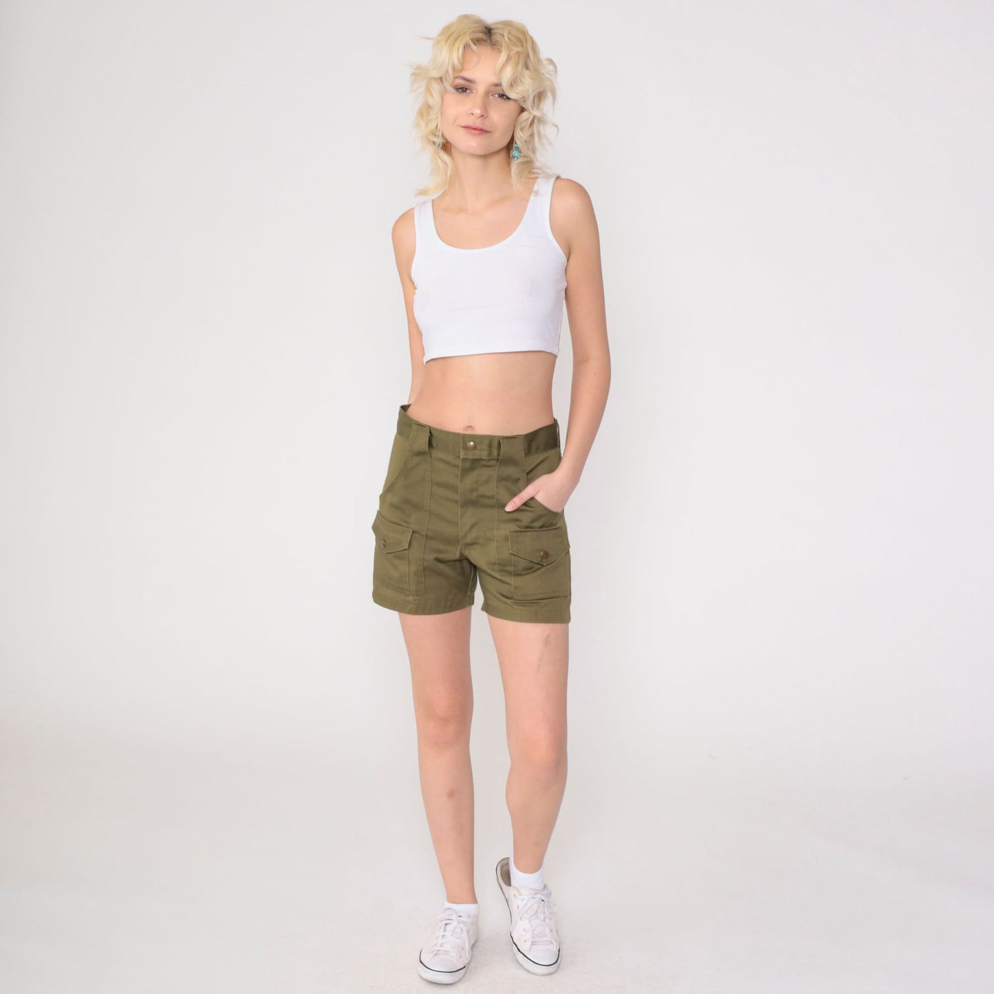 70s Boy Scout Olive Green Shorts High Waist Cargo Patch Pocket Small