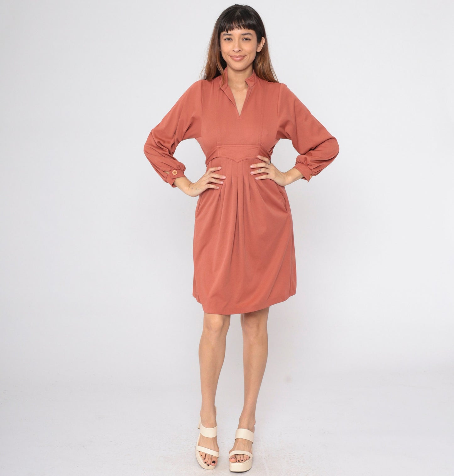70s Terra Cotta Empire Waist Mini Dress Mandarin Collar Long Sleeve Small