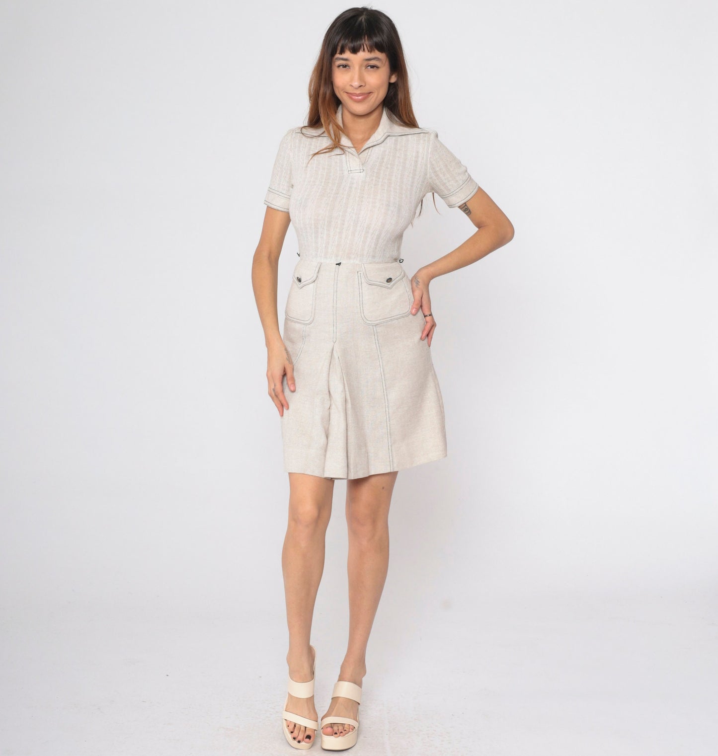 70s Peck & Peak Mini Dress Light Beige Cable Knit High Waist Small