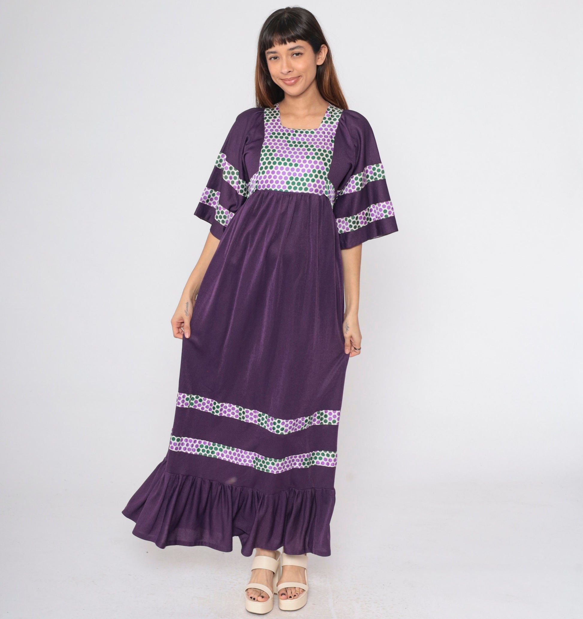 70s Deep Purple Polka Dot Maxi Dress Wide Sleeve Empire Waist Small