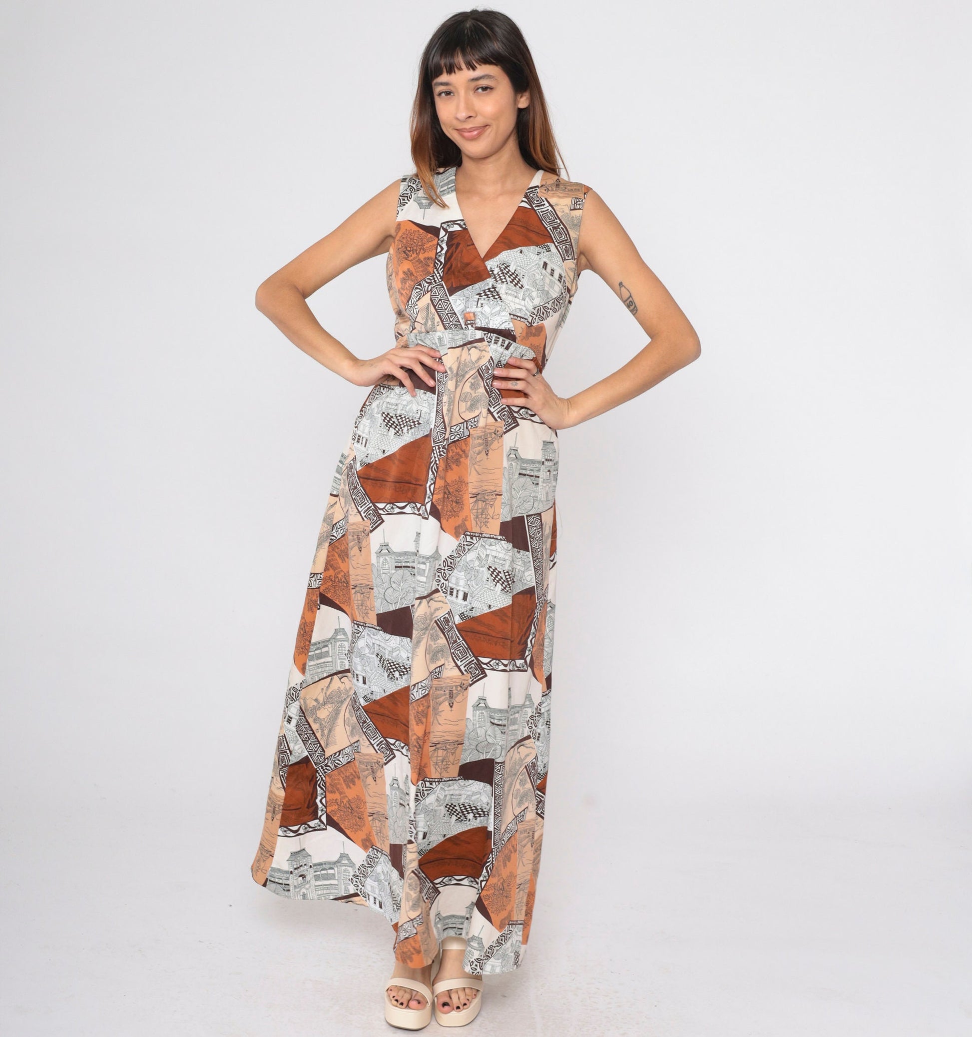 70s Patchwork Architecture Maxi Dress V-Neck Wrap High Waist Orange Brown Medium