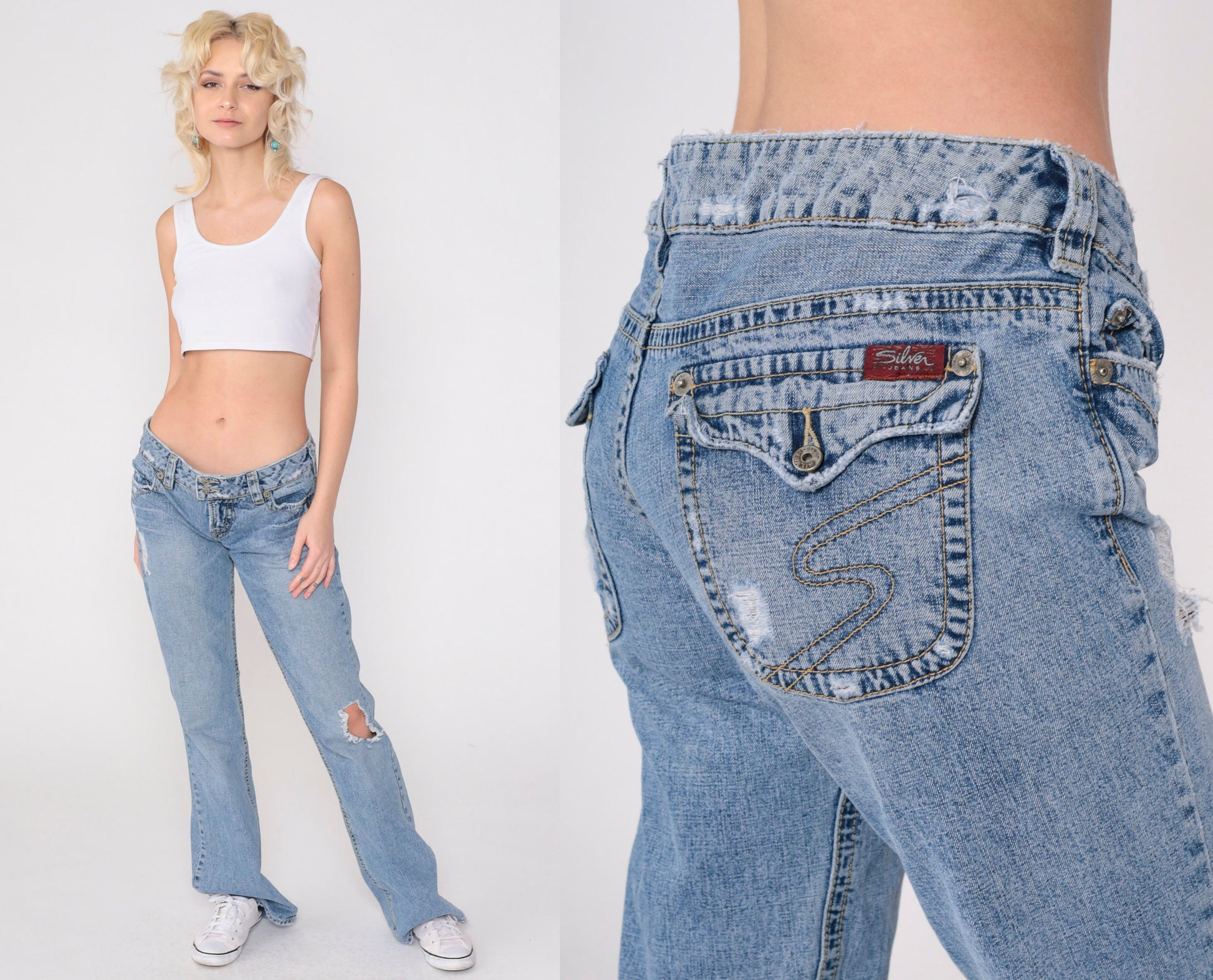 Y2K Silver Jeans Low Rise Flared Distressed Blue Denim Knee Rip Medium 29