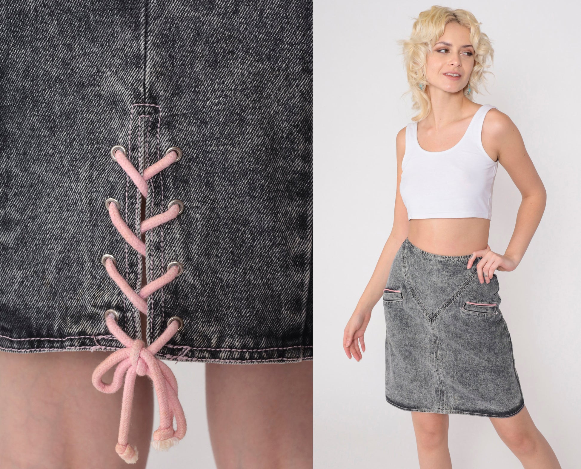 90s Acid Wash Denim Mini Skirt Grey Pink Lace Up High Waist Extra Small