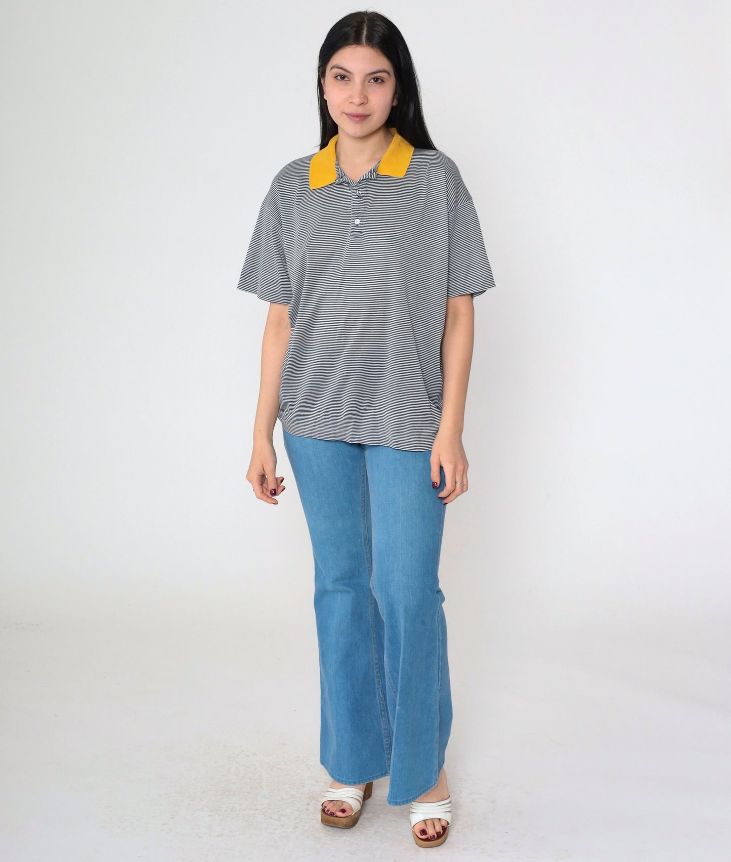 90s Della Rovere Polo Shirt Navy Striped Yellow Collar Quarter Button Large