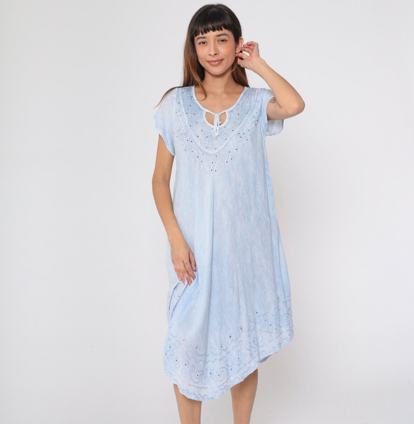 Y2K Tie Dye Baby Blue Midi Dress Rhinestone Embroidered Keyhole Neck