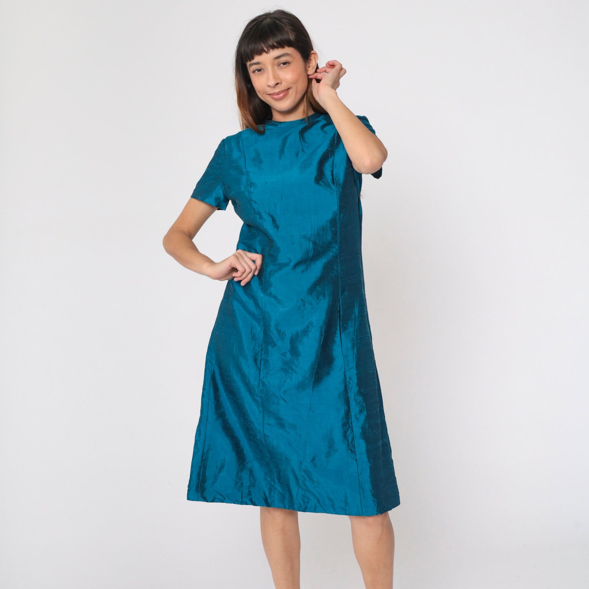 60s Iridescent Blue Silk Midi Dress A-Line Short Sleeve Medium