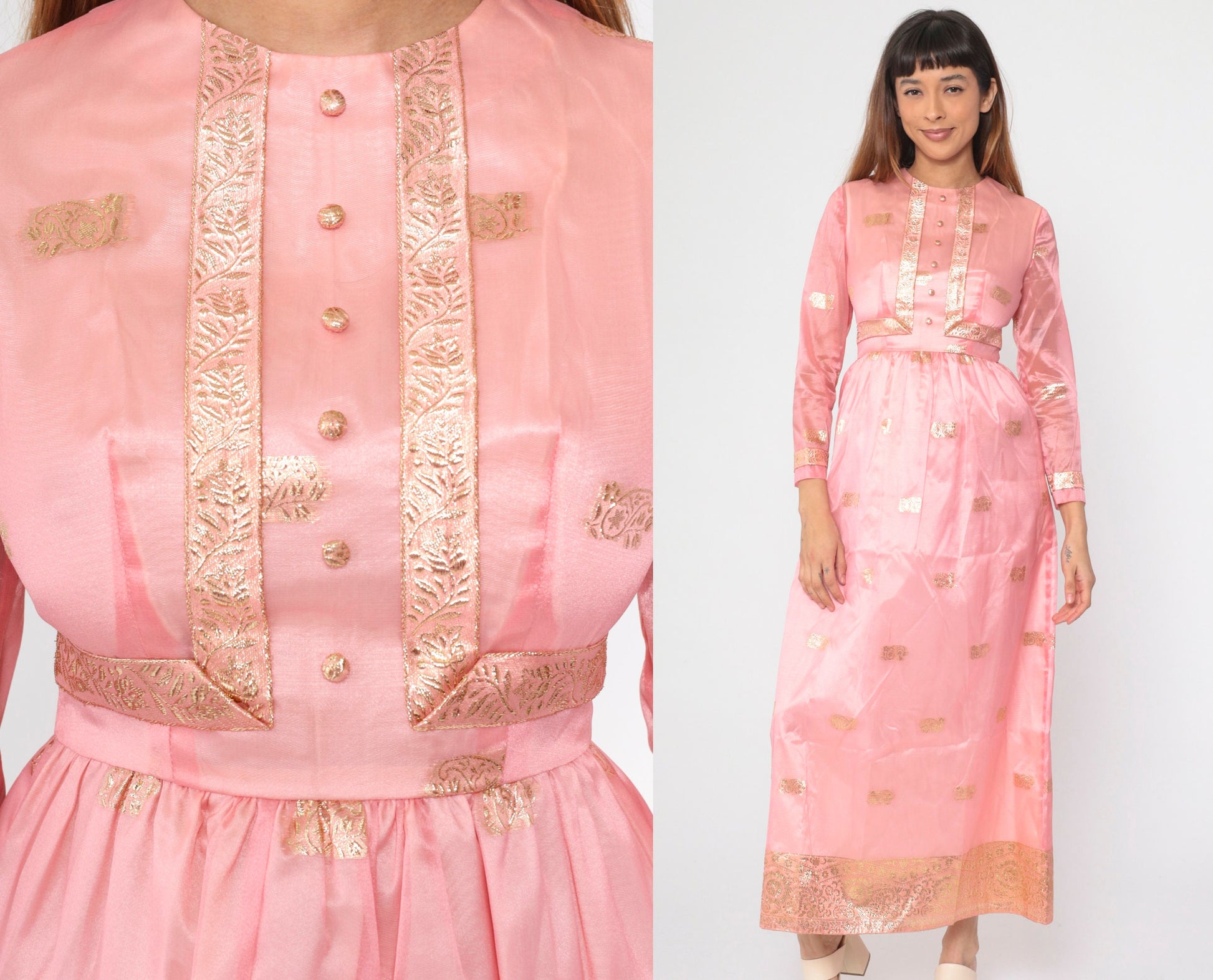 60s Pink Organza Maxi Dress Gold Embroidered Floral Paisley Long Sleeve Small