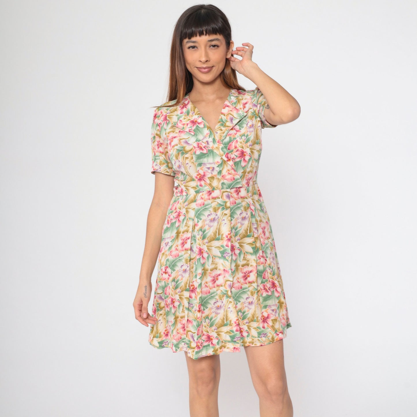 90s Liz Claiborne Tropical Floral Mini Dress Surplice Neckline Small