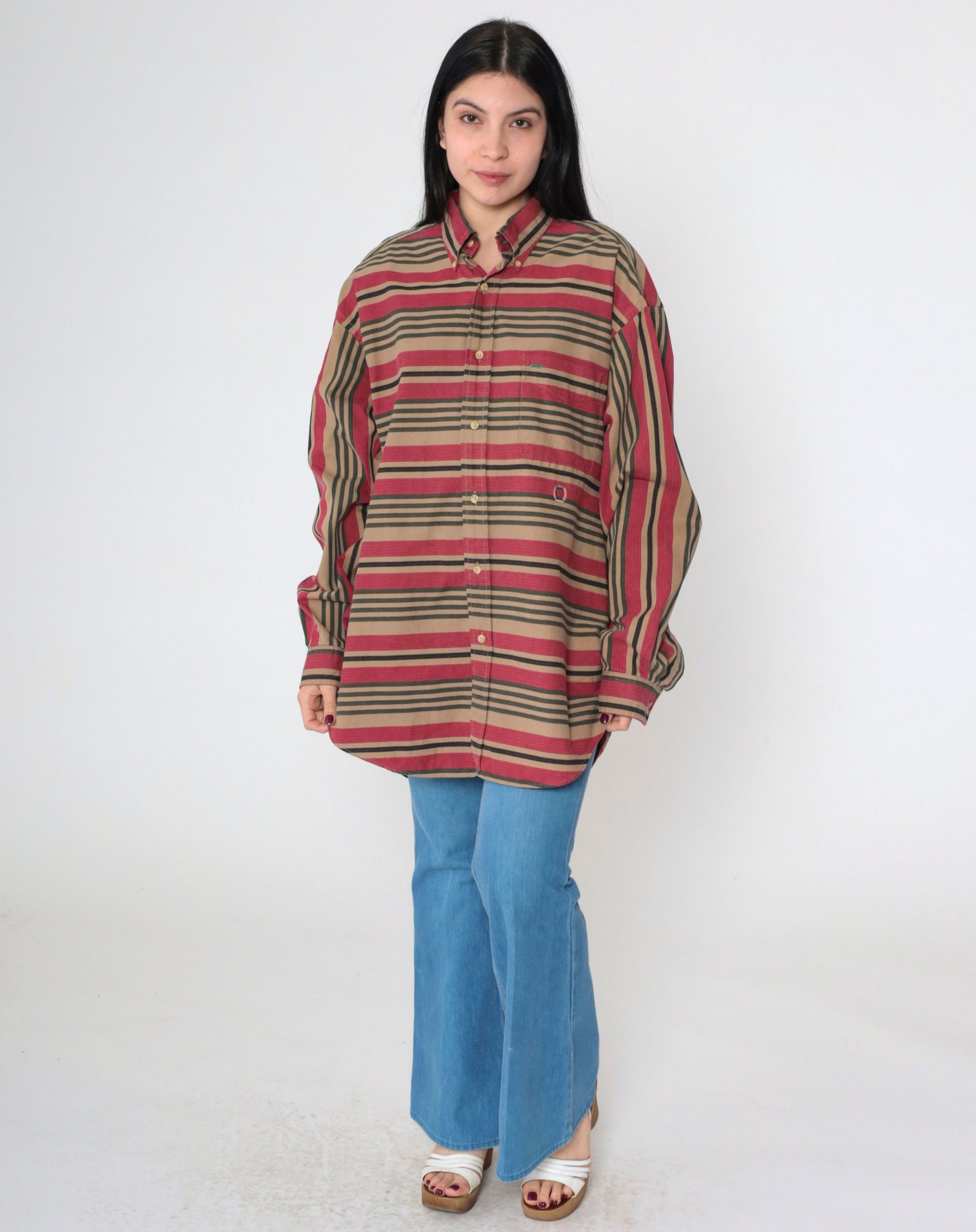 90s Tommy Hilfiger Striped Oxford Button Up Red Brown Cotton Large