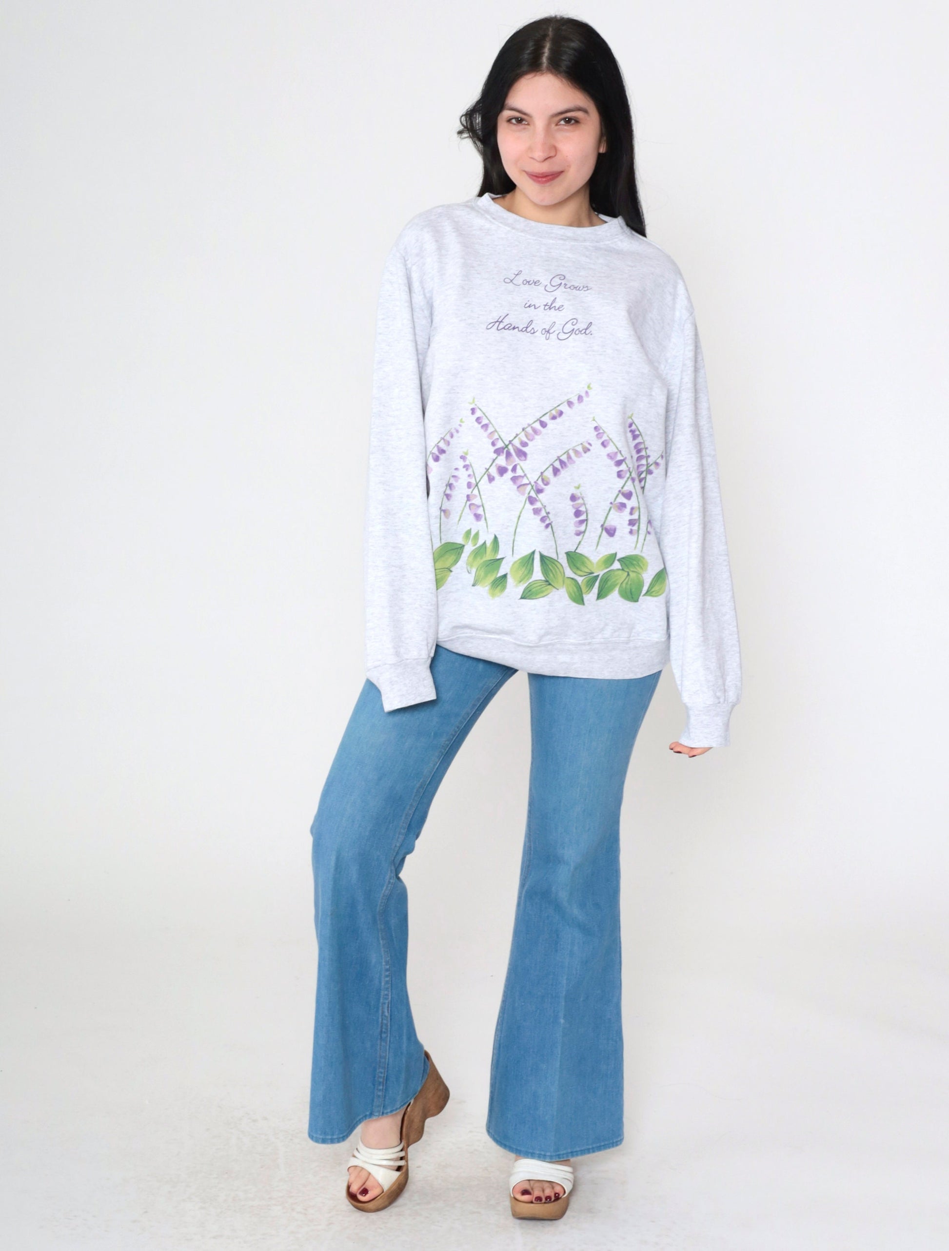 90s Christian Floral Sweatshirt Love Grows In The Hands Of God Grey Large L