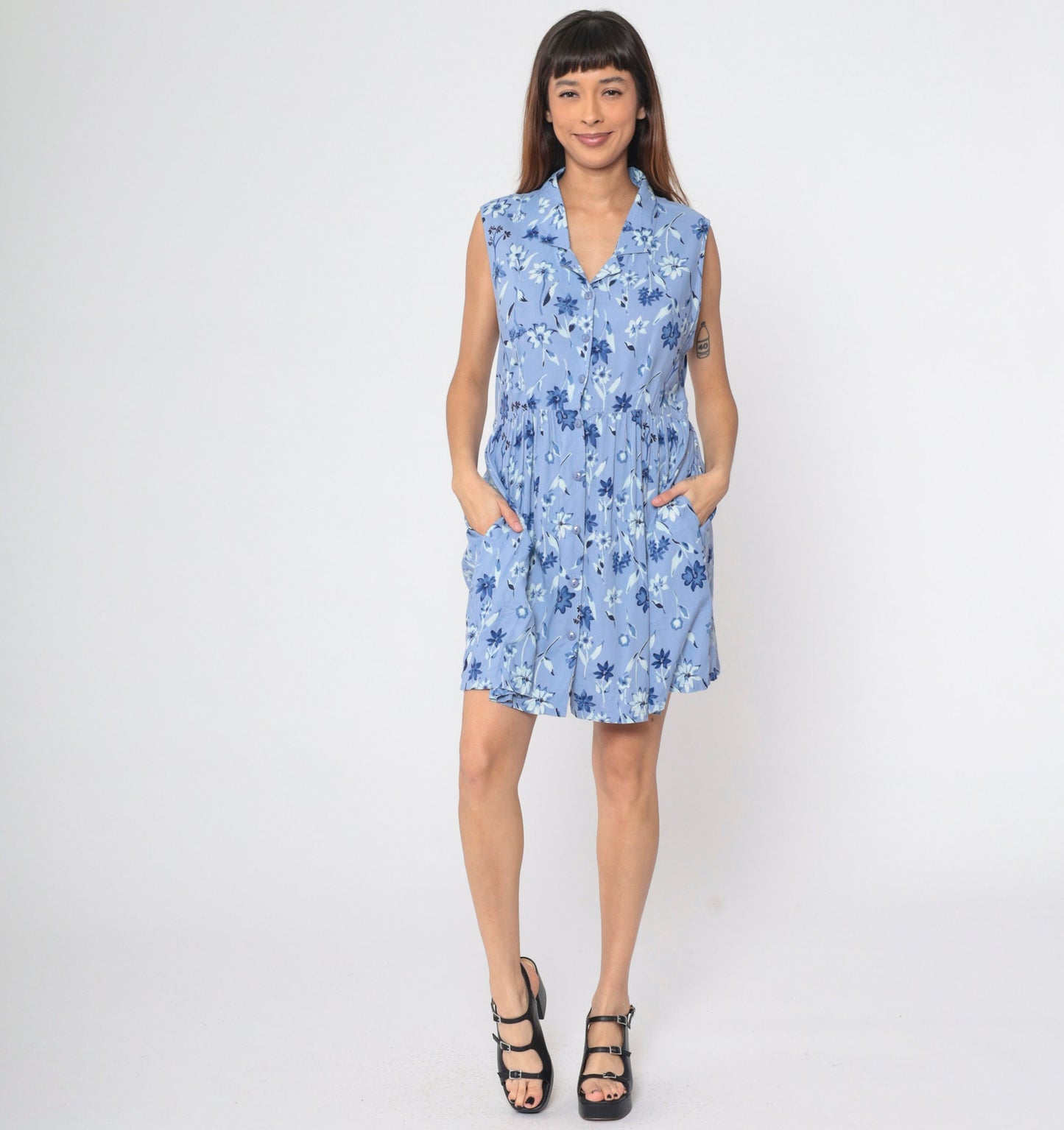 90s Blue Floral Button-Up Mini Dress Sleeveless Collared A-Line Large L
