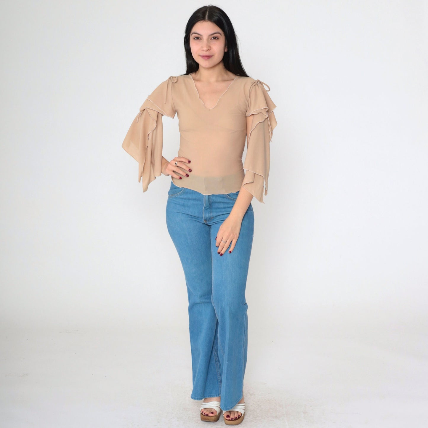Y2K Nina Piu Sheer Mesh Top Tan Cape Sleeve V-Neck Small S