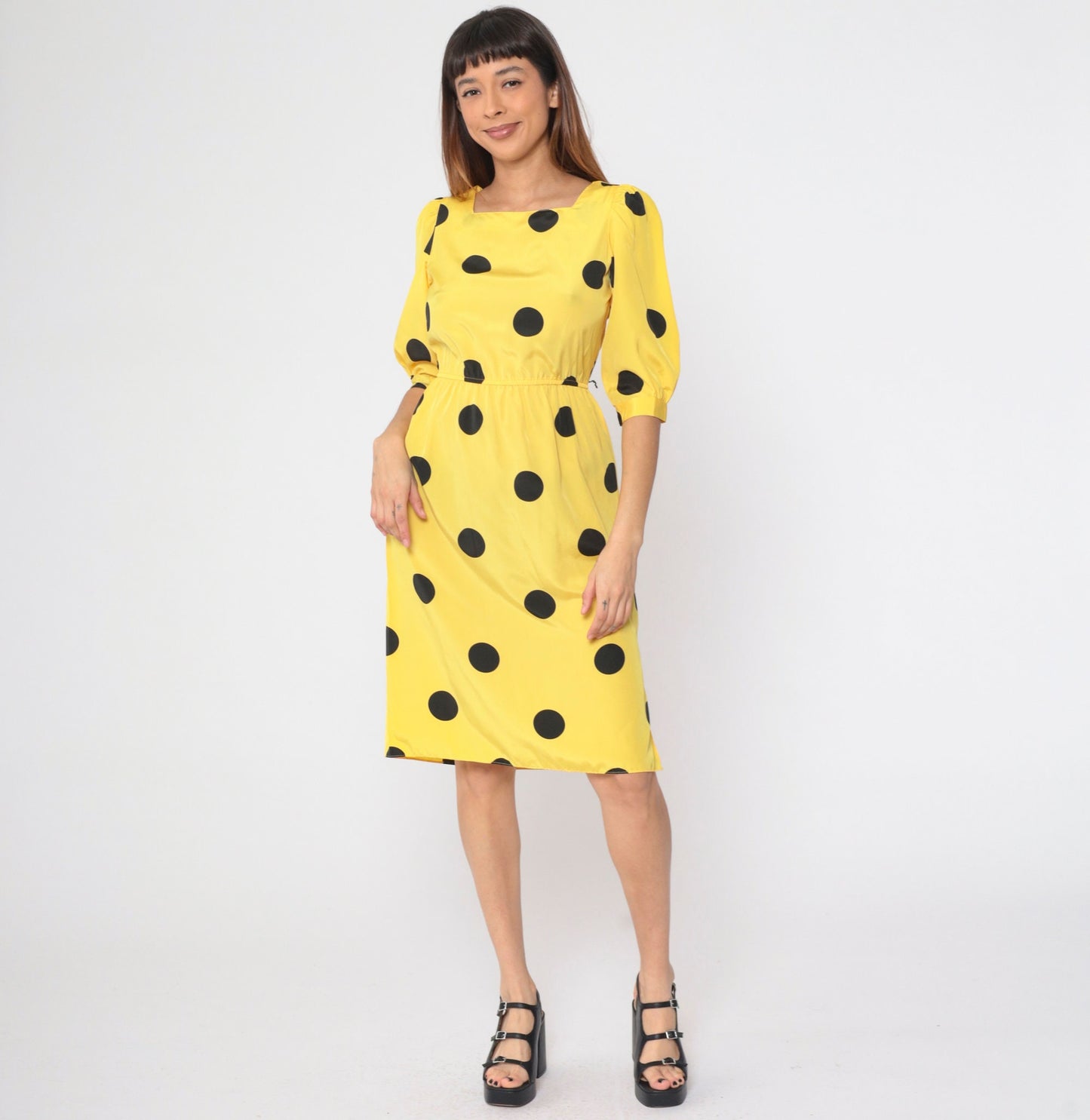 80s Yellow Polka Dot Midi Dress Puff Sleeve Square Neck High Waist Small