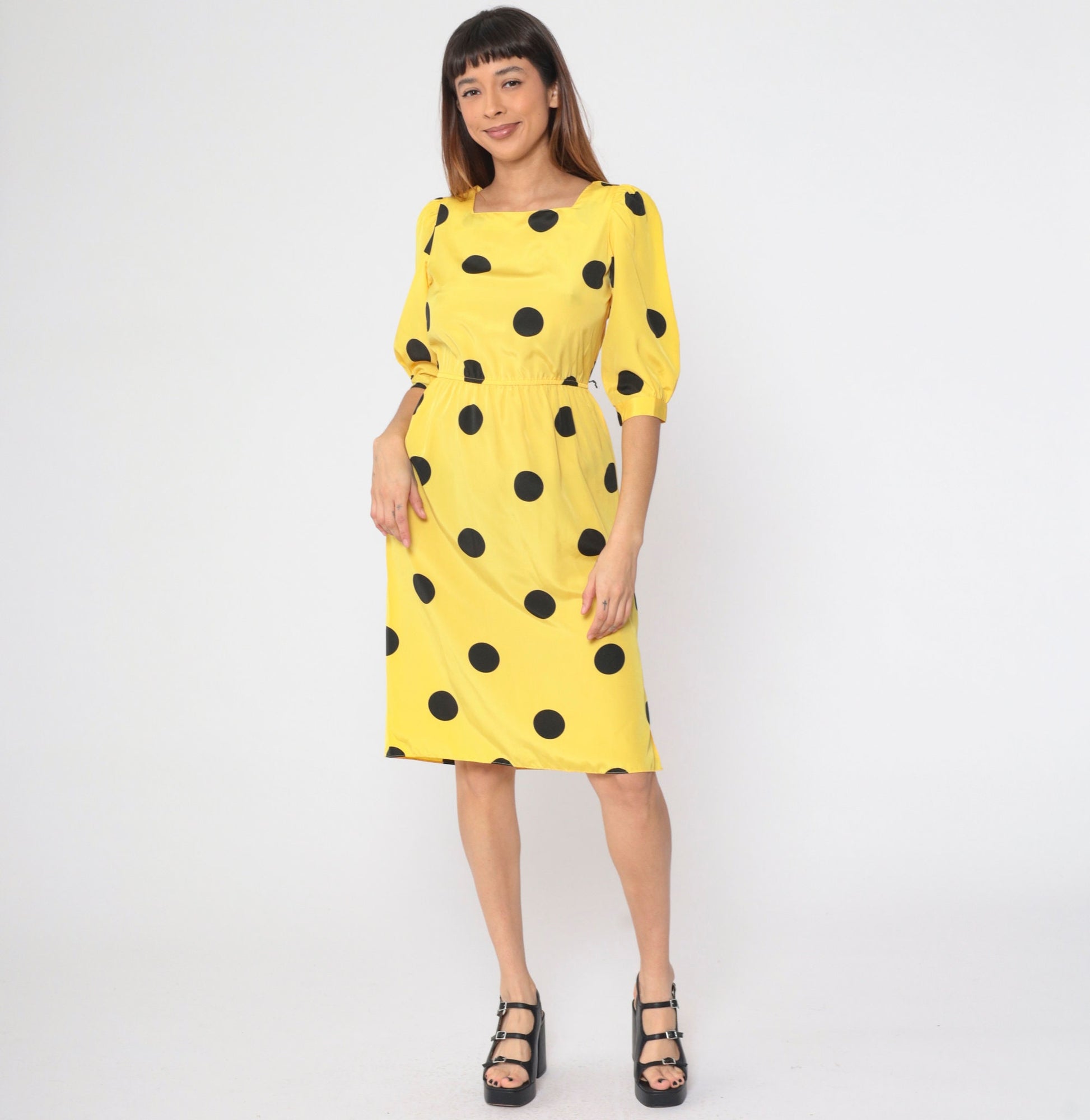 80s Yellow Polka Dot Midi Dress Puff Sleeve Square Neck High Waist Small