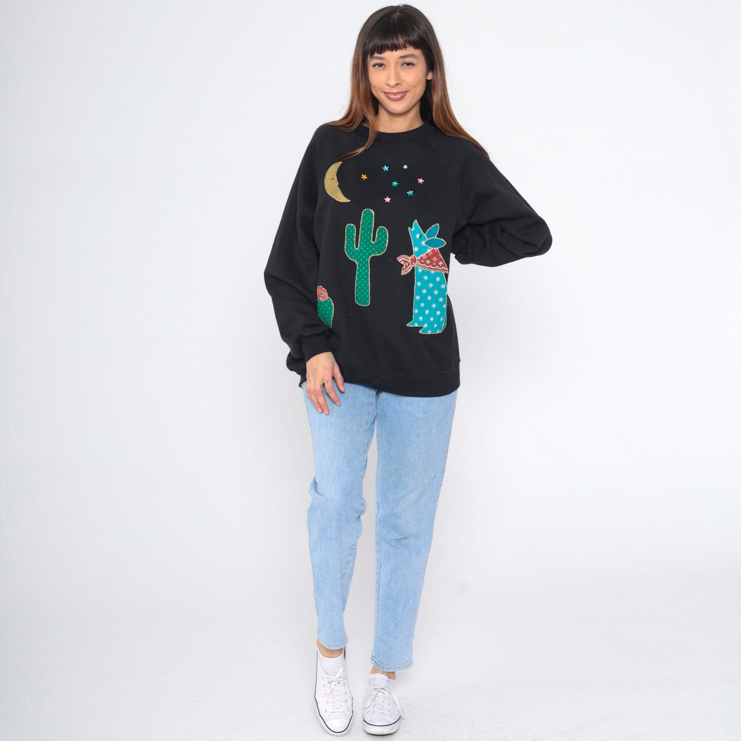 90s Southwest Black Sweatshirt Desert Coyote Cactus Moon Star Studs Raglan Large