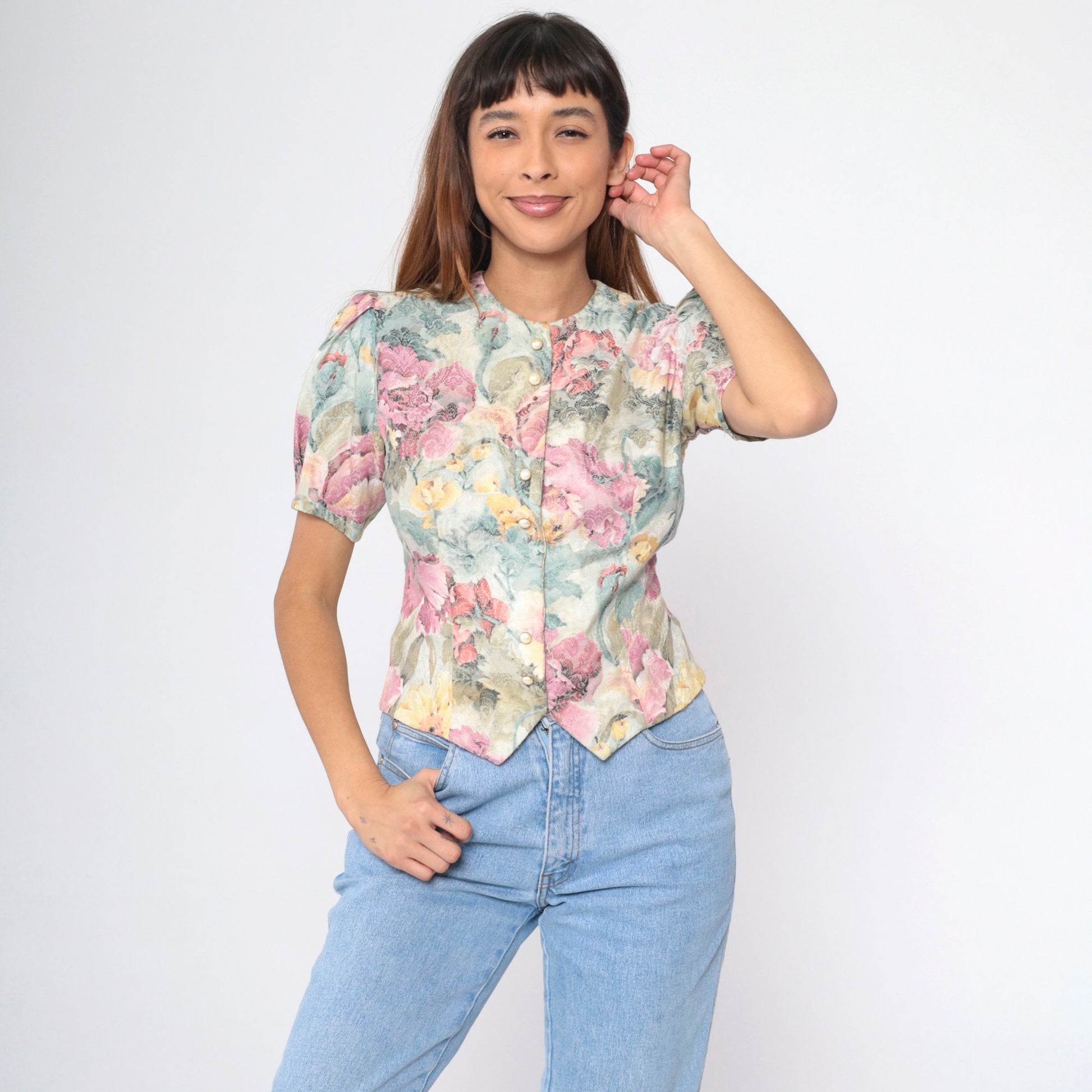 80s Damask Floral Button-Up Blouse Lavender Puff Sleeve Pearl Buttons Small
