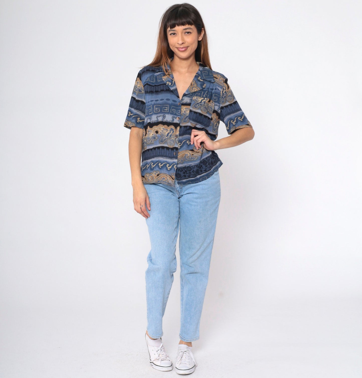 90s Carol Little Striped Floral Greek Key Button Up Blouse Blue Small