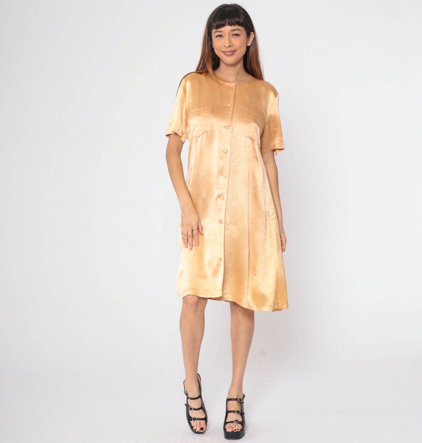90s Wild Rose Apricot Shirtdress Knee-Length Button-Up Shift Dress Small
