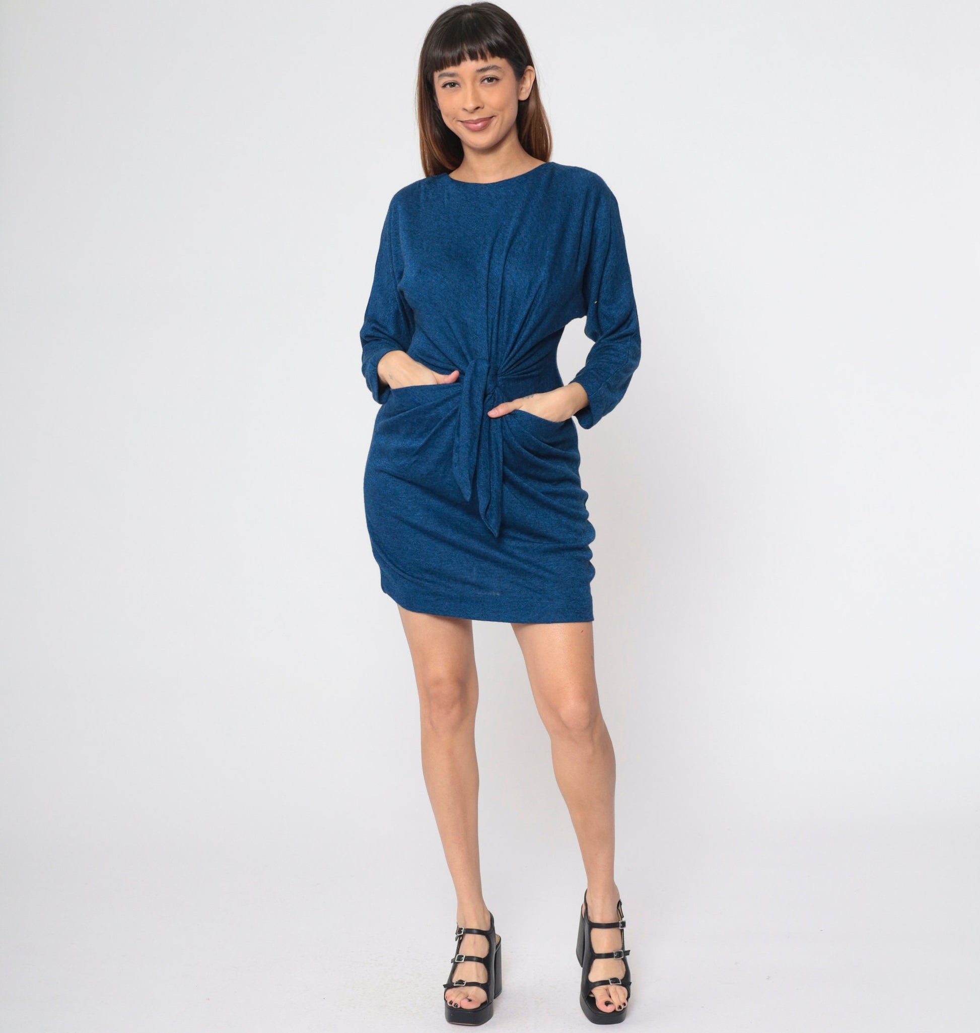 90s All That Jazz Knot Front Mini Dress Dark Blue Flecked Small