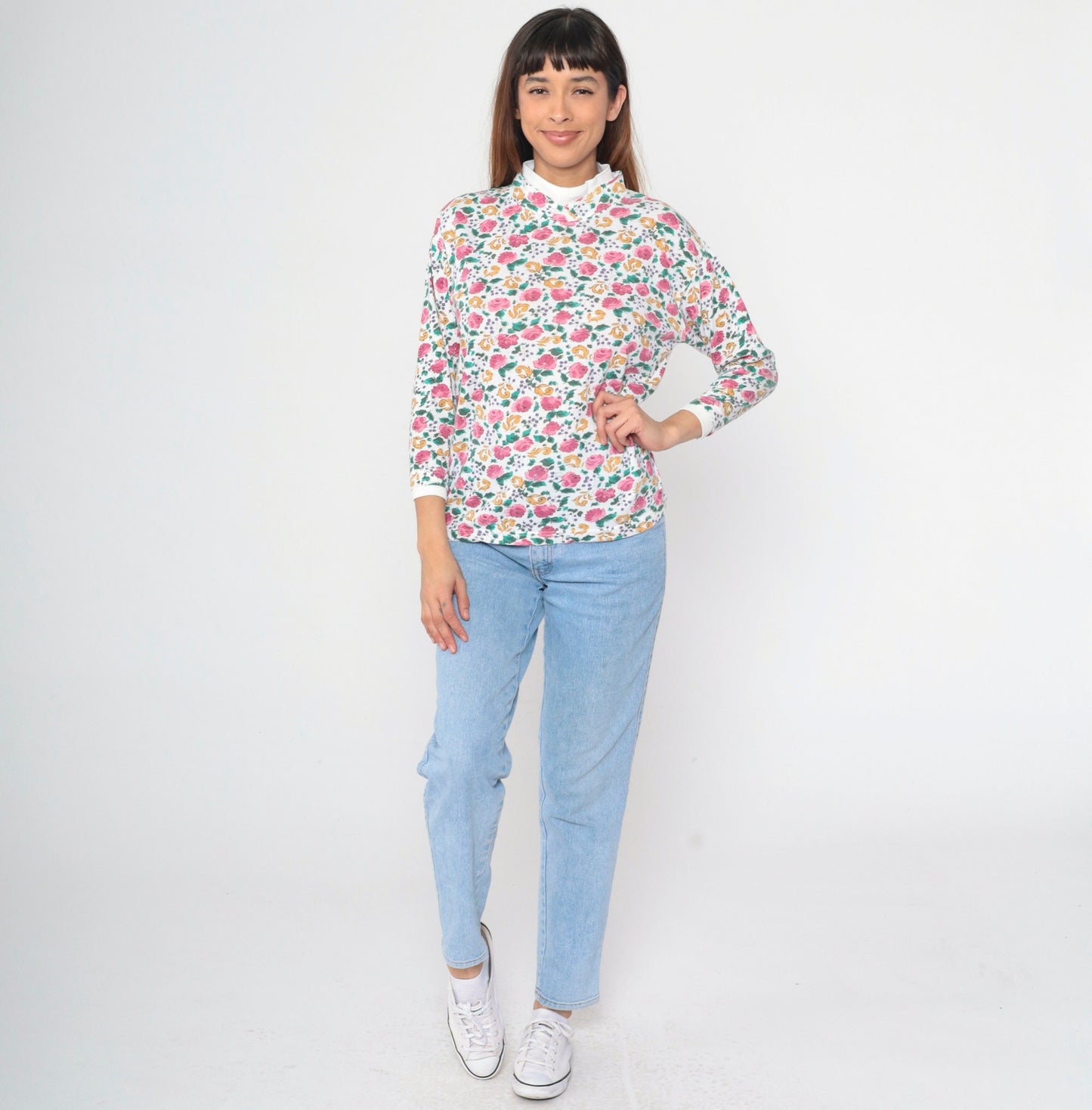 90s Floral Mock Neck Shirt White Pink Rose Print Long Sleeve Blouse Medium