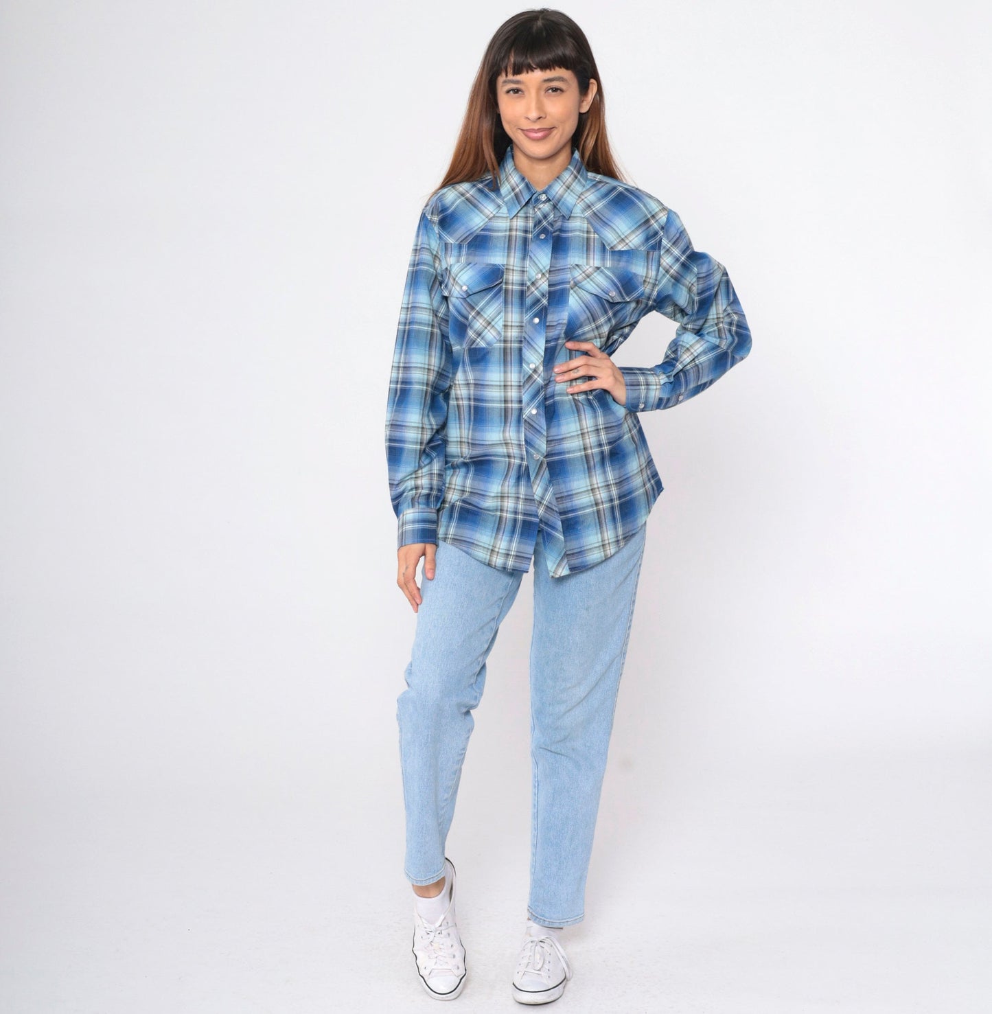 80s Haband Western Shirt Blue Plaid Pearl Snap Cowboy Small