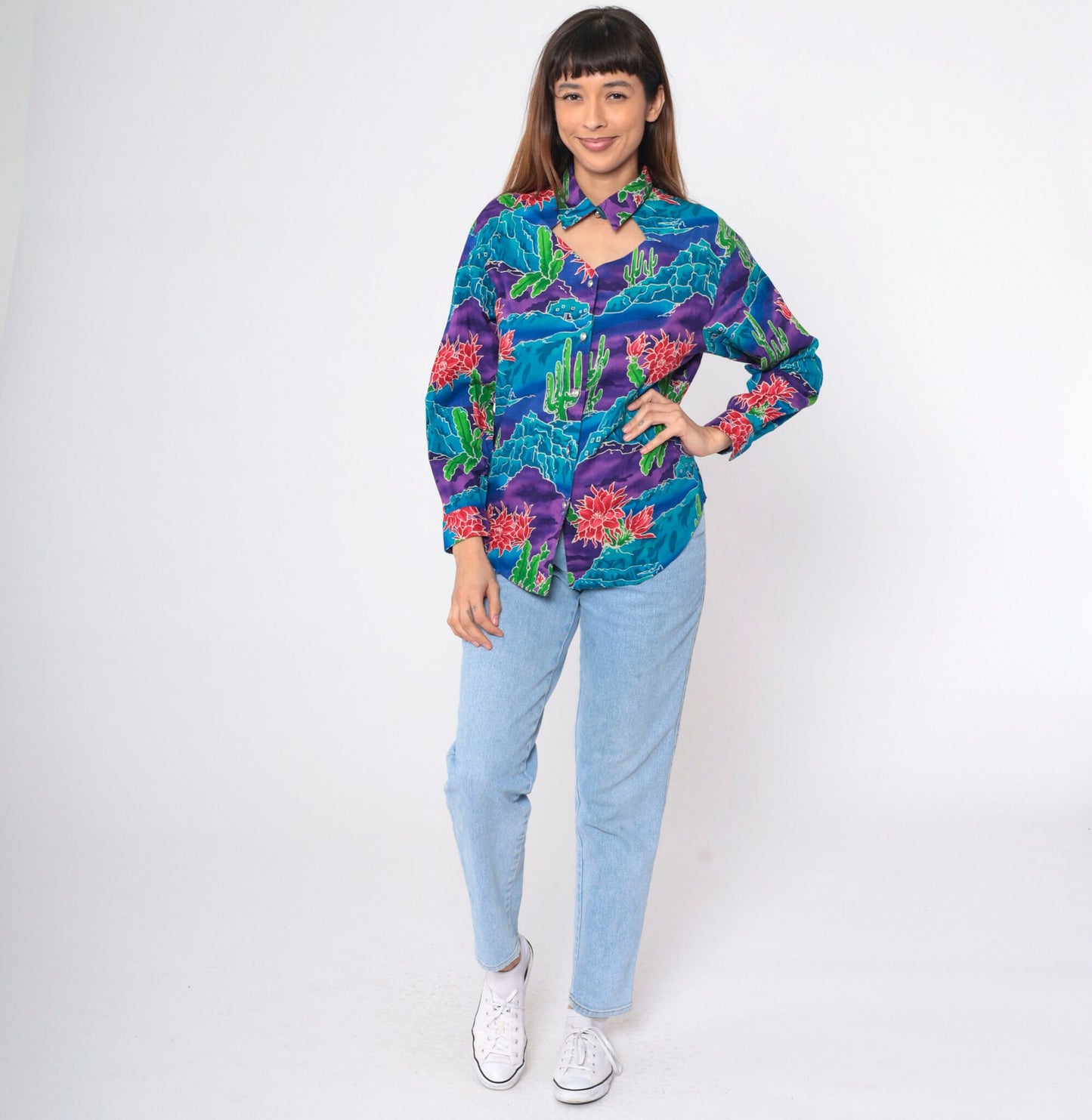90s Southwestern Cactus Keyhole Blouse Button Up Long Sleeve Blue Purple Medium