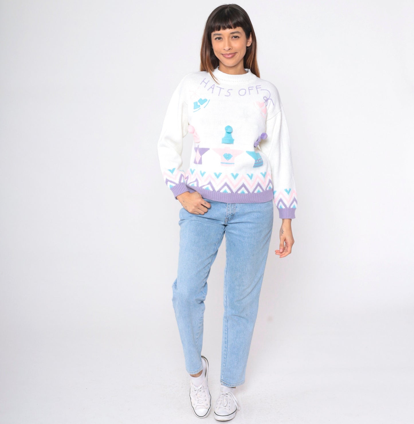 90s Hats Off Ice Skating Graphic Sweater Pastel Novelty Knit Small