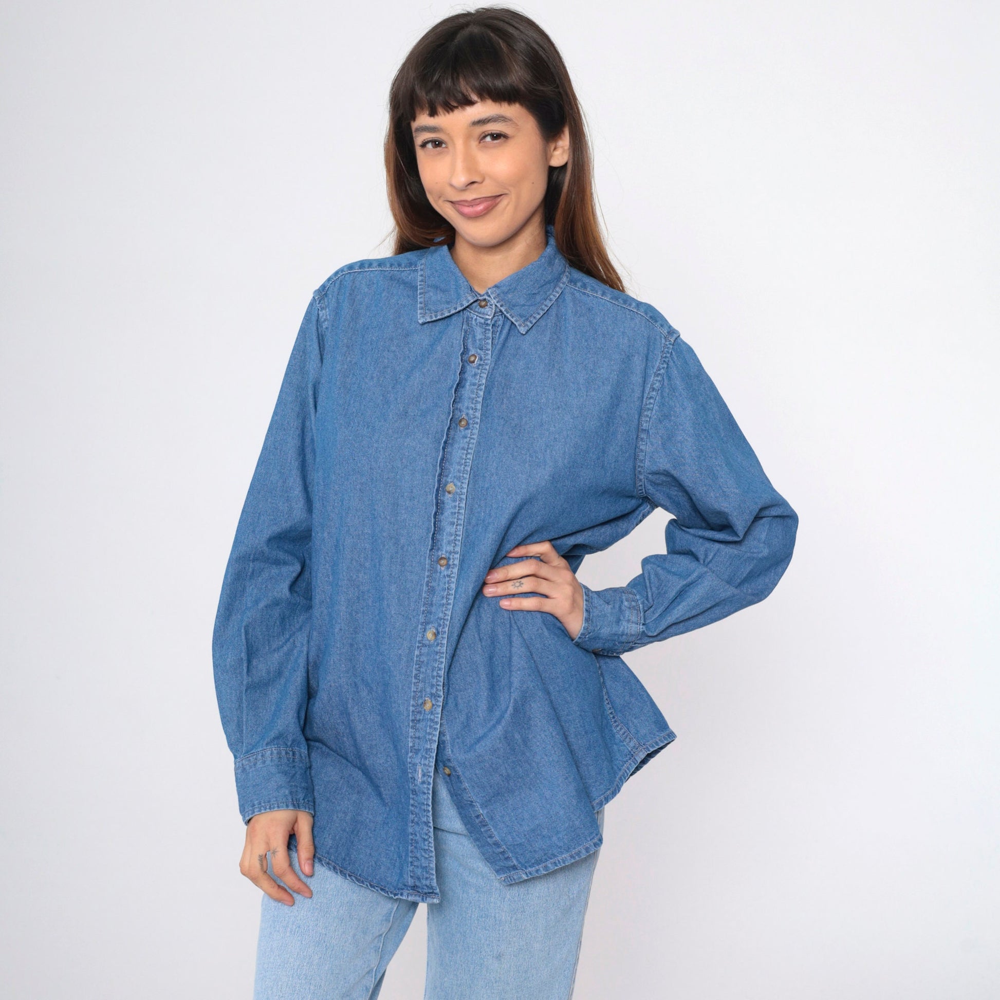 90s Vos Sports Blue Denim Button-Up Shirt Cotton Long Sleeve Extra Large XXL