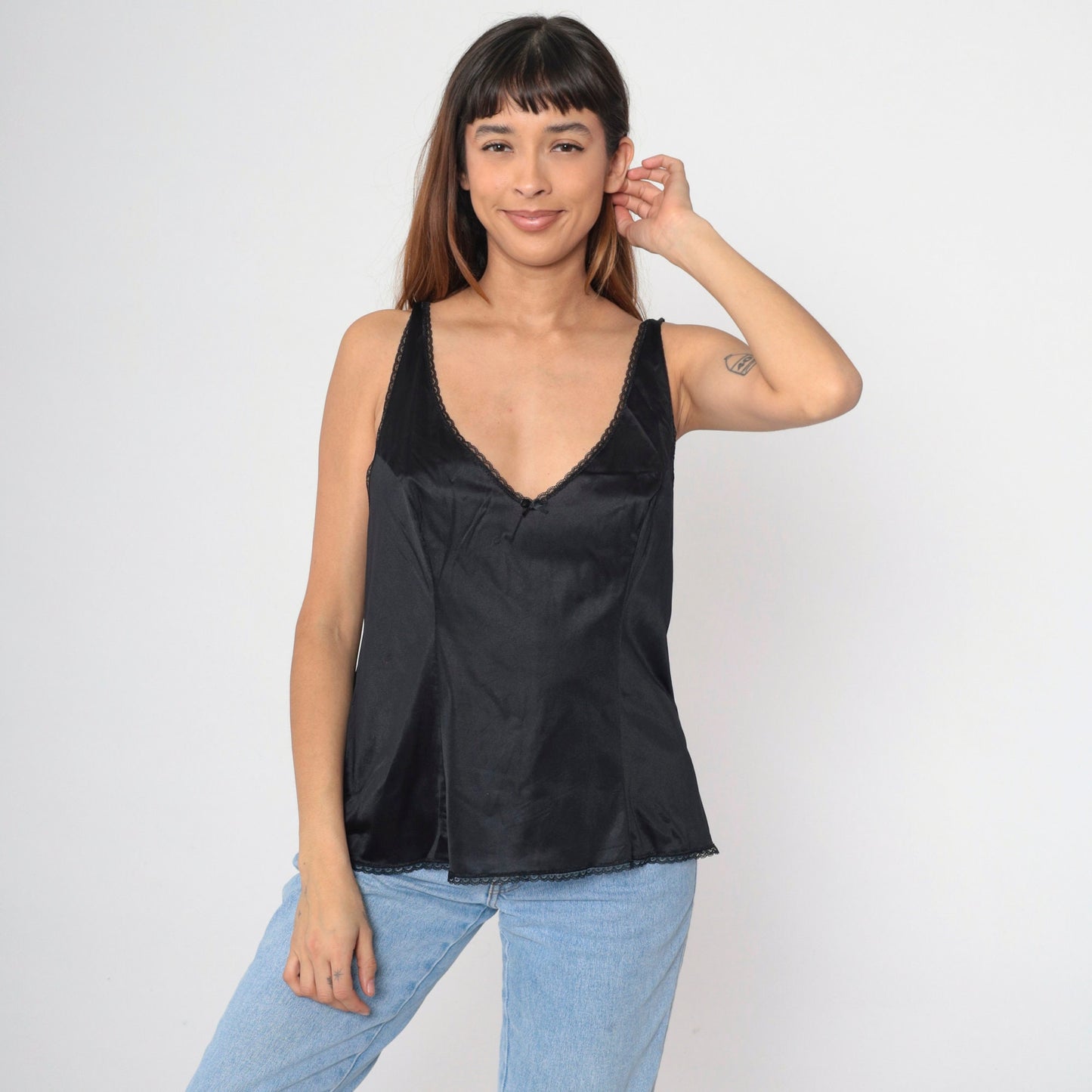 80s Vanity Fair Black Nylon Camisole Lace Trim V-Neck Bow Large
