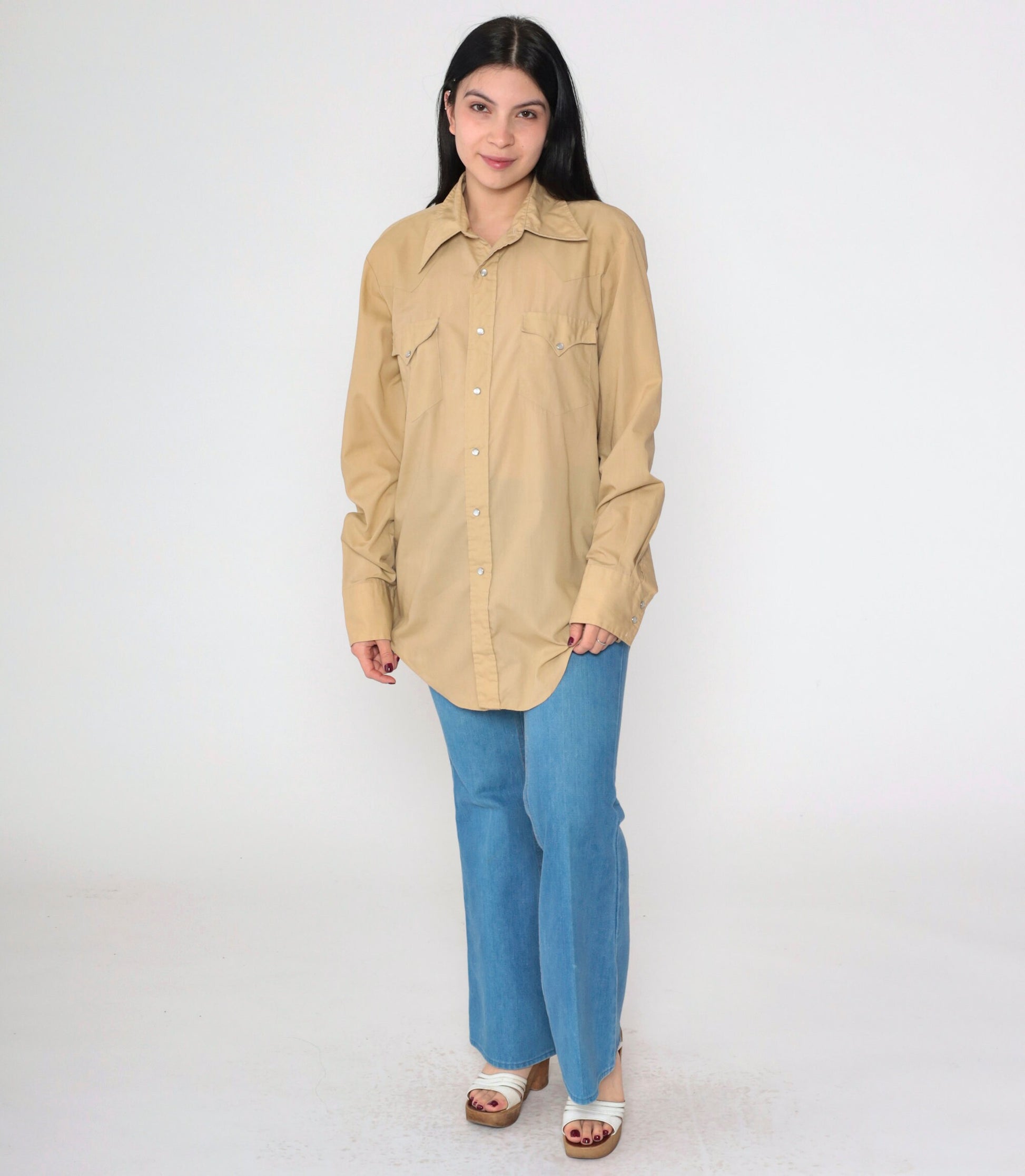 80s Miller Western Pearl Snap Shirt Tan Long Sleeve Button Up Mens Medium