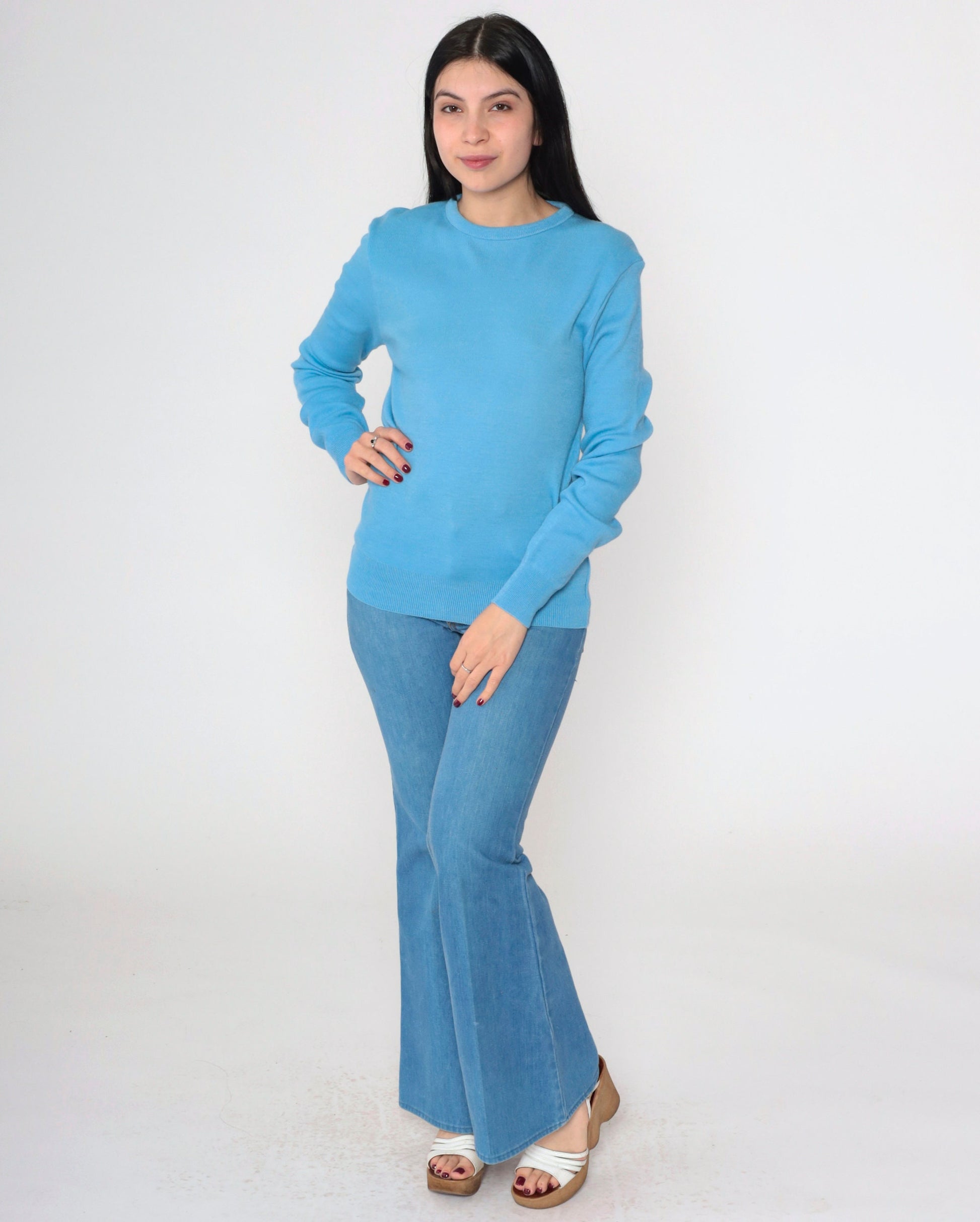 70s Barclay Cornflower Blue Knit Crewneck Sweater Medium M