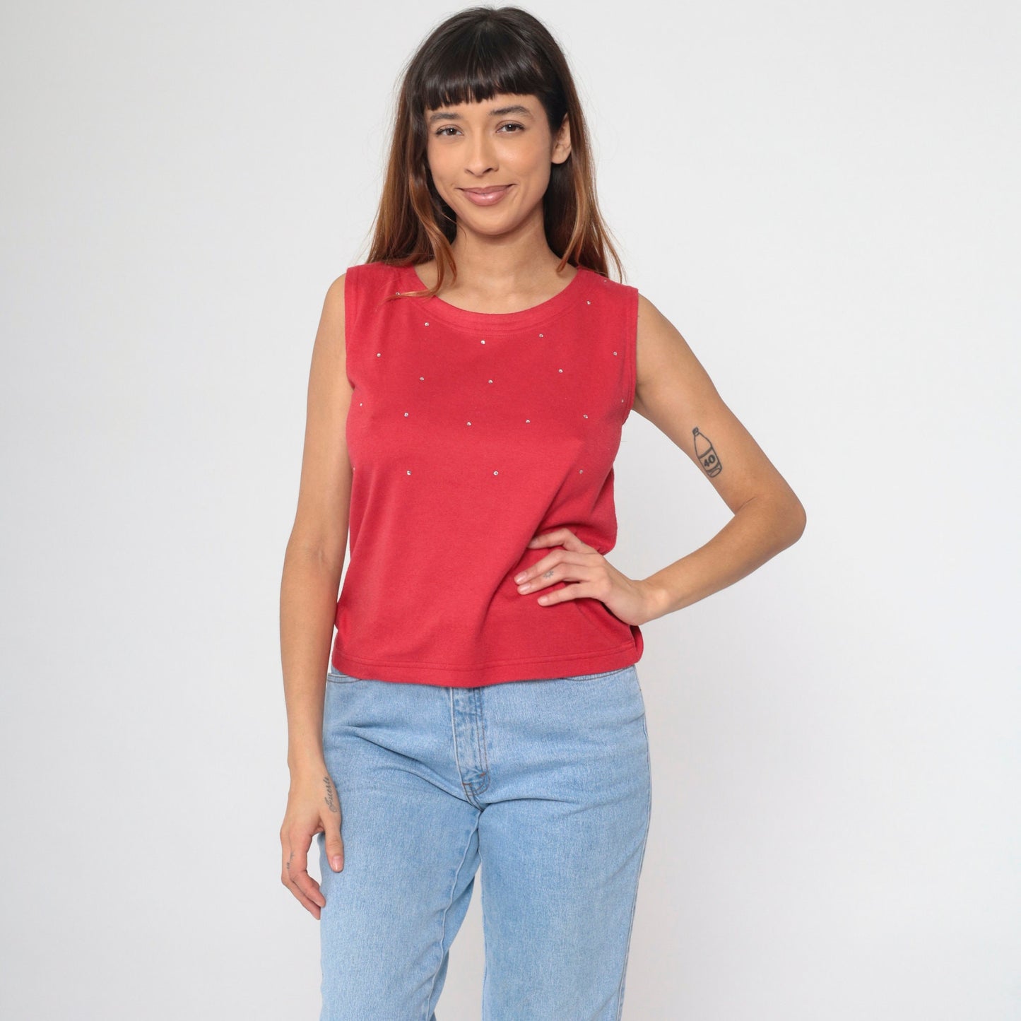90s Red Rhinestone Tank Top Round Neck Embellished Sleeveless Small Petite