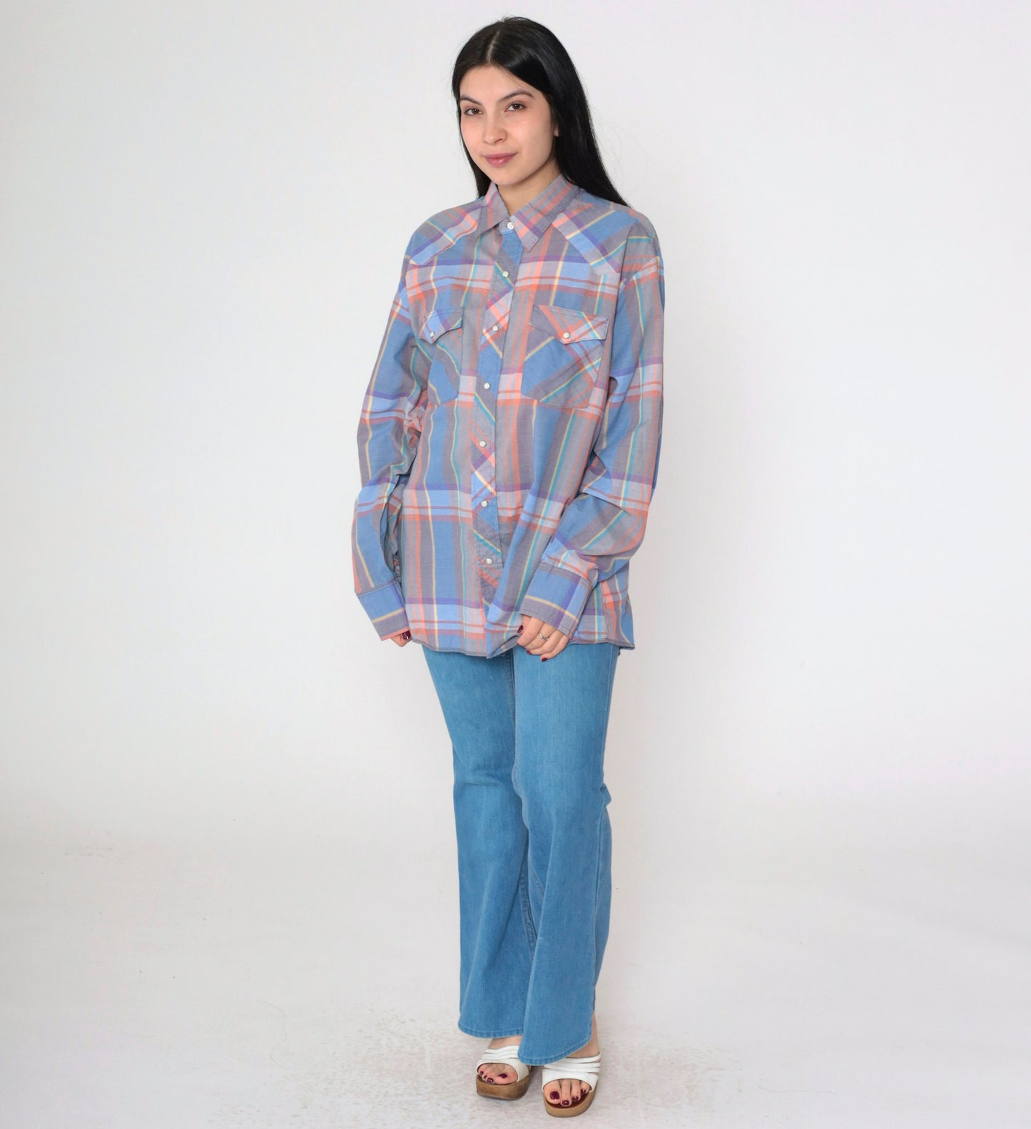 90s Wrangler Plaid Pearl Snap Western Shirt Blue Grey Orange Extra Large
