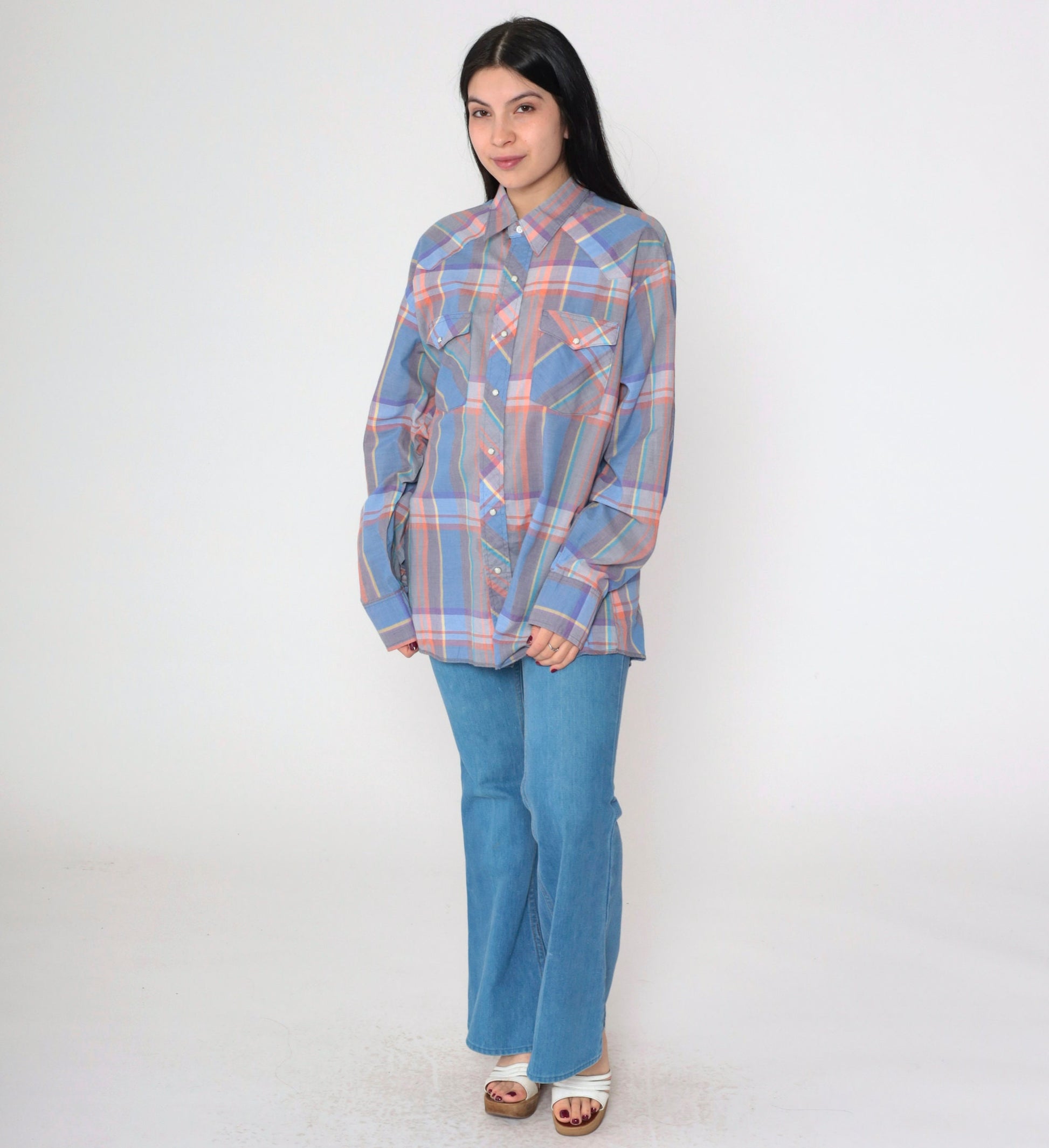 90s Wrangler Plaid Pearl Snap Western Shirt Blue Grey Orange Extra Large