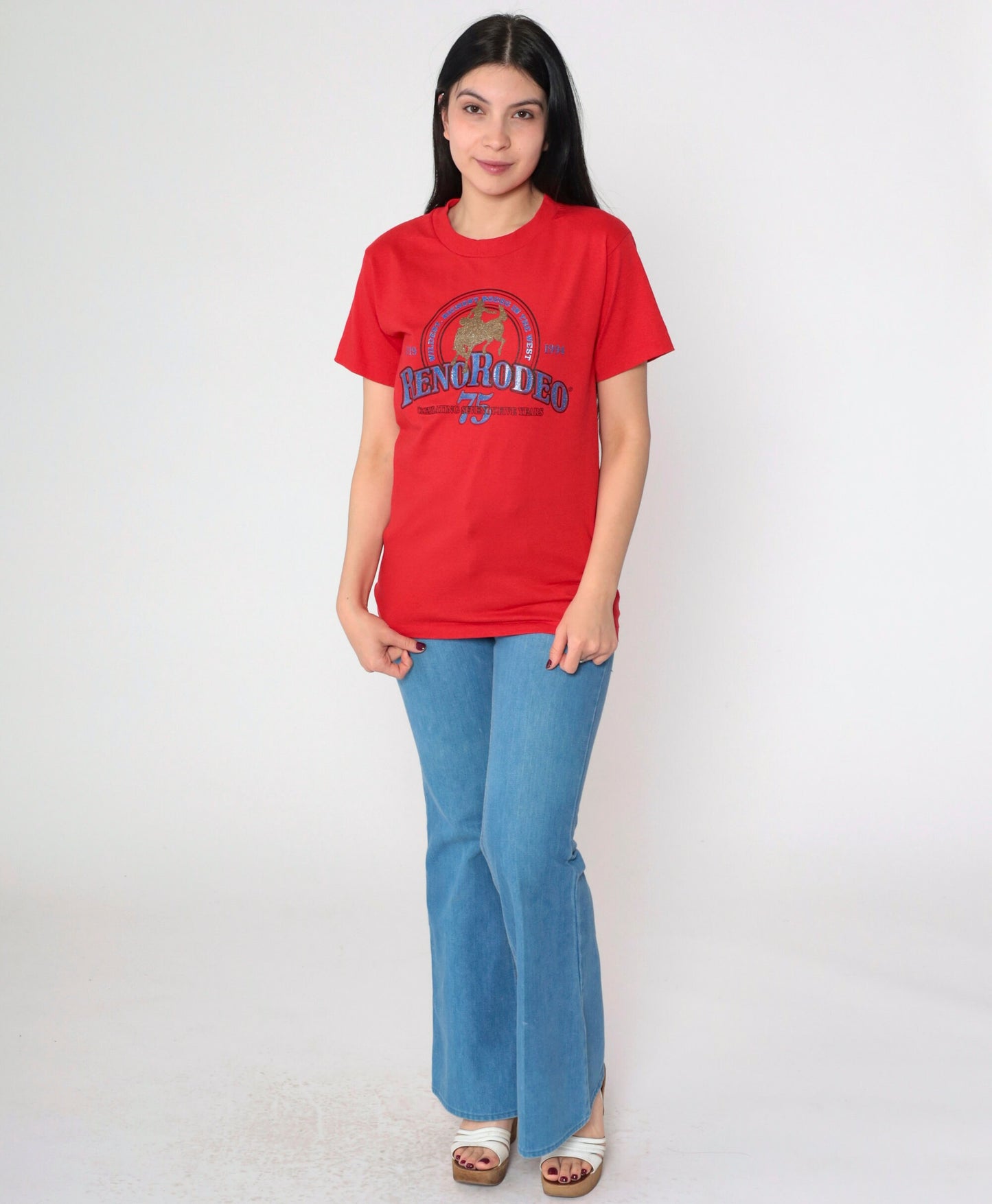 1994 Reno Rodeo Glitter Graphic T-Shirt Red Single Stitch Western Small