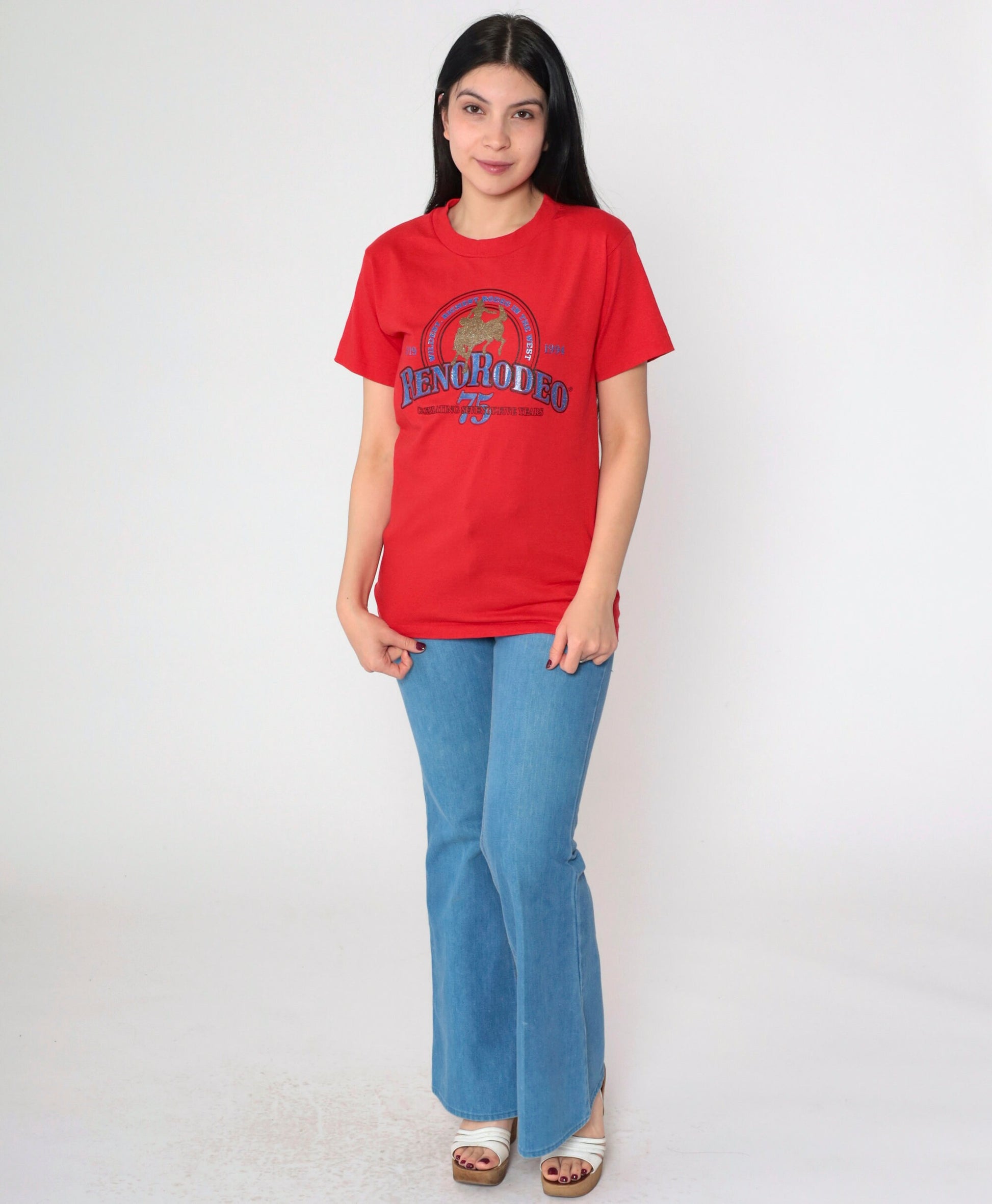 1994 Reno Rodeo Glitter Graphic T-Shirt Red Single Stitch Western Small