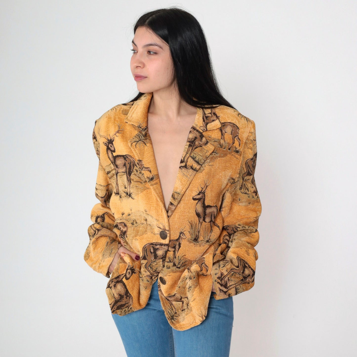 90s Solei Deer Jacket Single Button Blazer Woven Animal Print Large L
