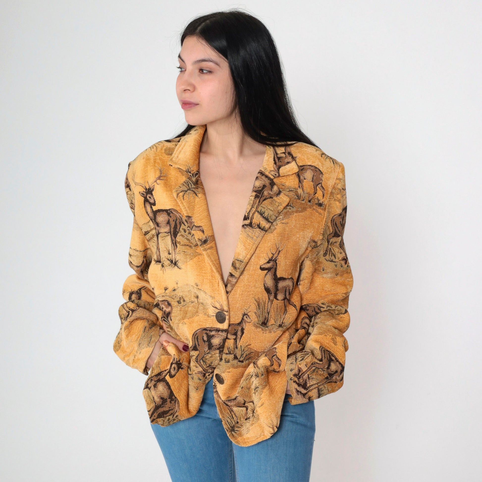 90s Solei Deer Jacket Single Button Blazer Woven Animal Print Large L