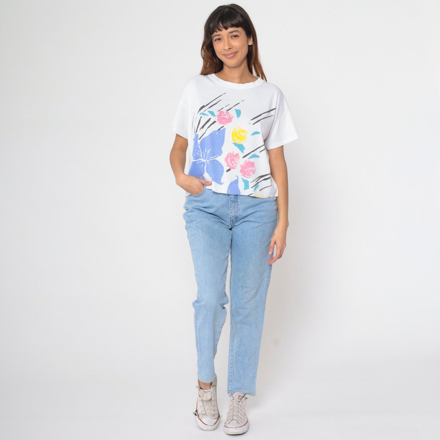 90s Floral Graphic T-Shirt White Rose Print Cutoff Tee Large L