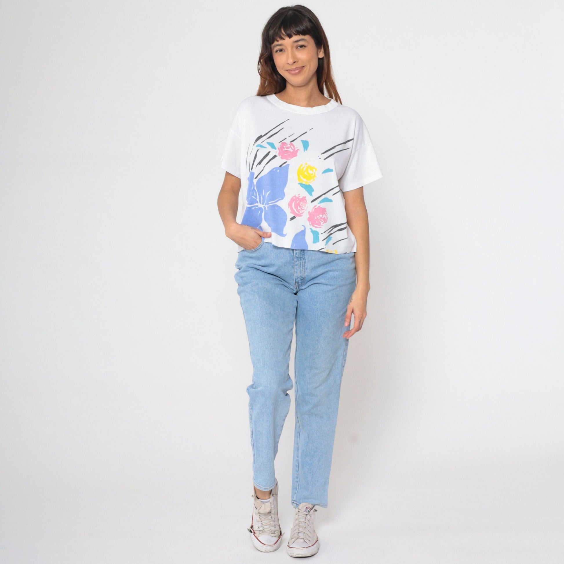 90s Floral Graphic T-Shirt White Rose Print Cutoff Tee Large L