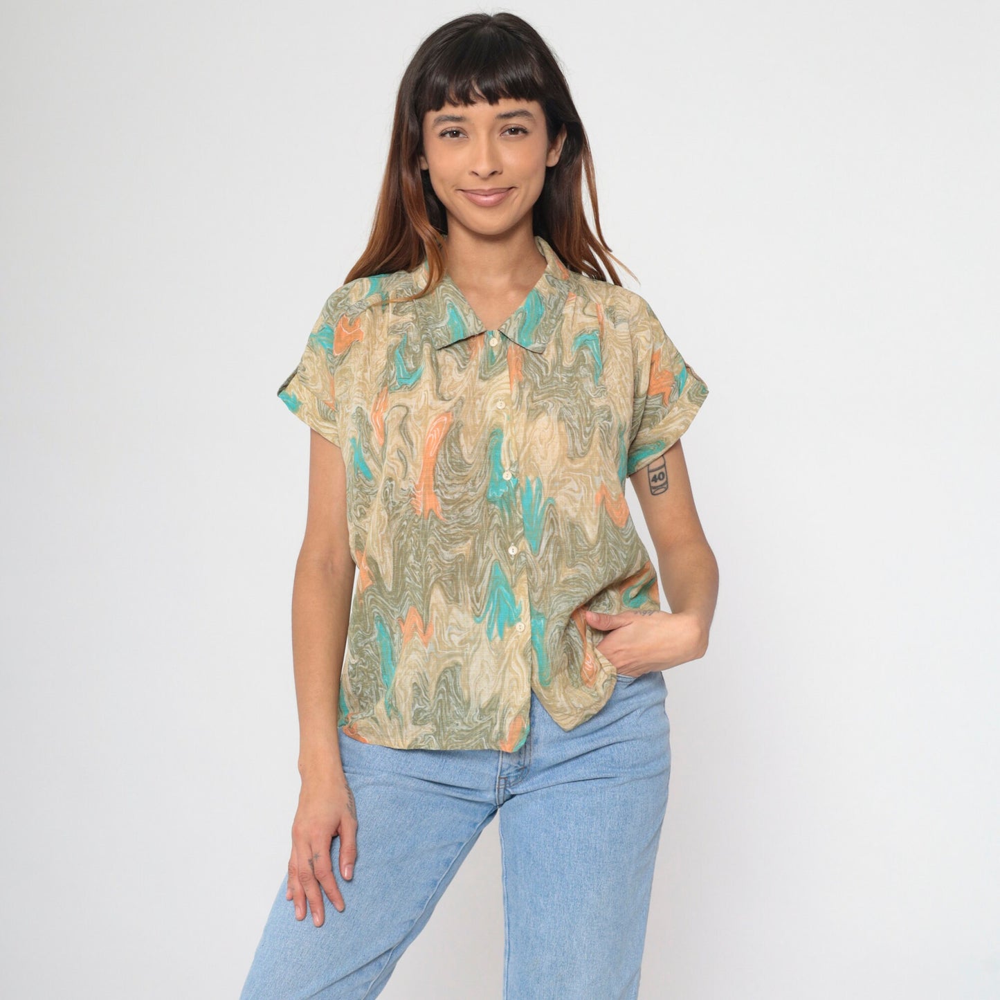 90s Marble Print Button Up Shirt Psychedelic Turquoise Tan Orange Large