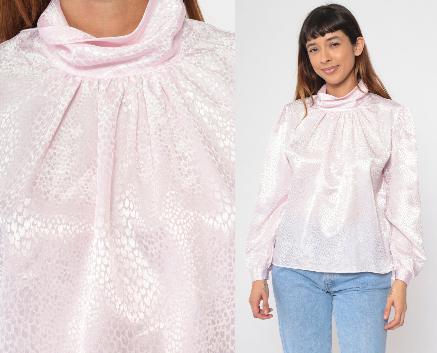 80s Grand Design Baby Pink Embossed Snakeskin Turtleneck Puff Sleeve Blouse Large