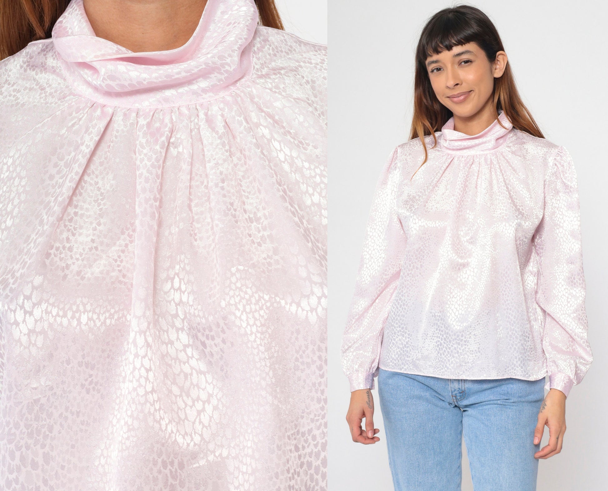 80s Grand Design Baby Pink Embossed Snakeskin Turtleneck Puff Sleeve Blouse Large