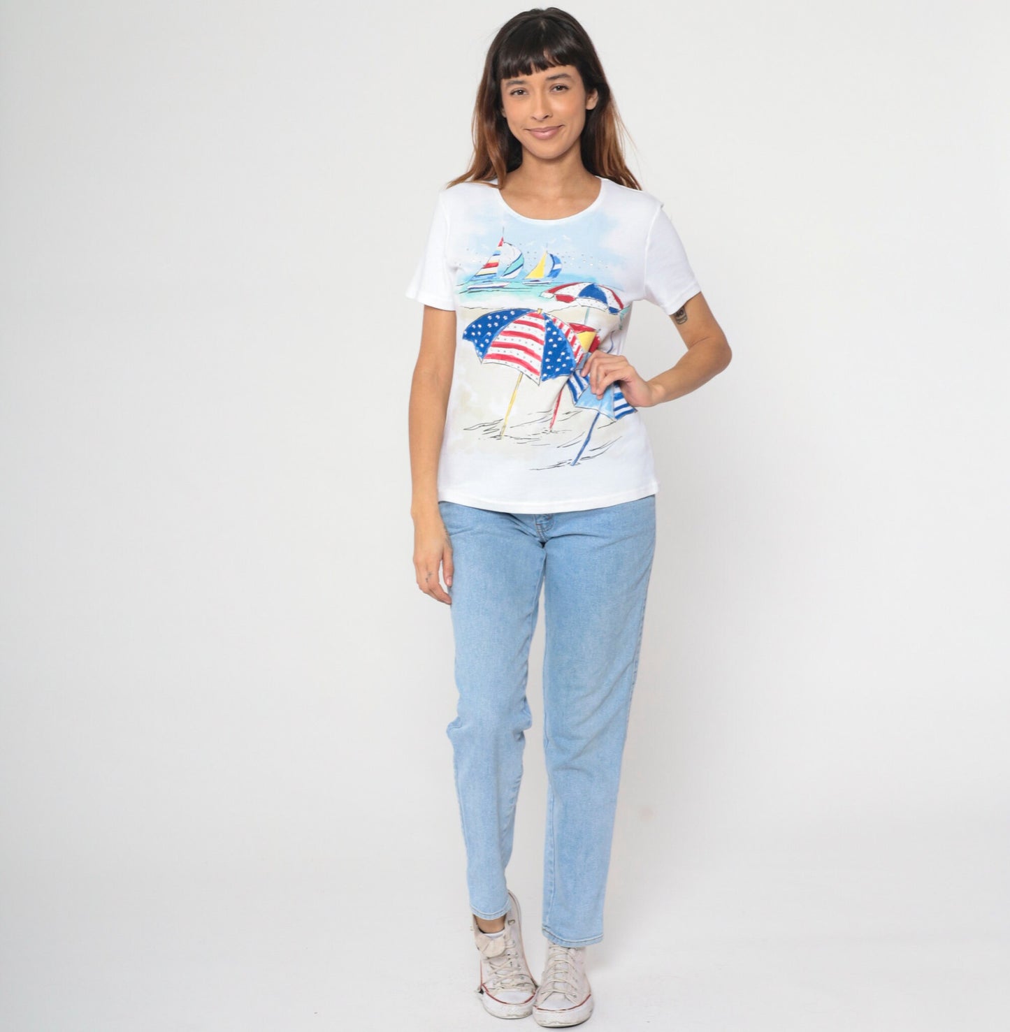 90s Studded Sailboat Beach Umbrella Graphic Tee White Medium