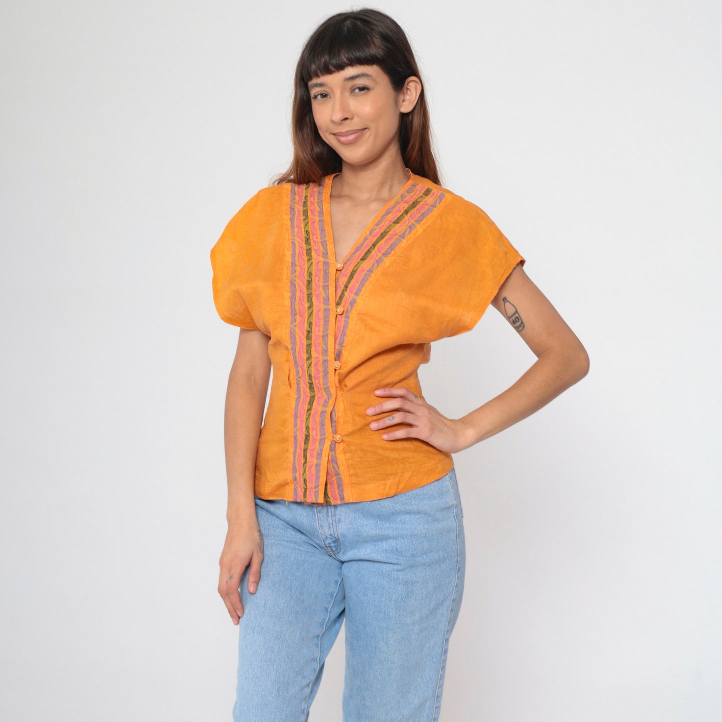 00s Orange Rococo Striped Button-Up Blouse Rhinestone Dolman Sleeve V-Neck Extra Small