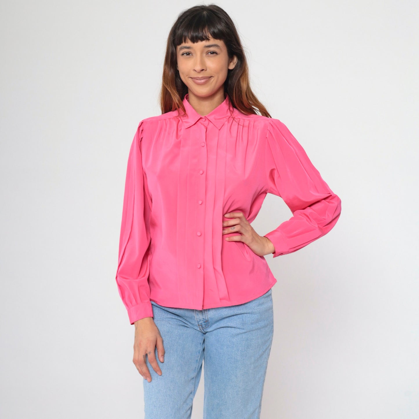 90s Hot Pink Puff Sleeve Blouse Pleated Button-Up Collared Shirt Medium Petite