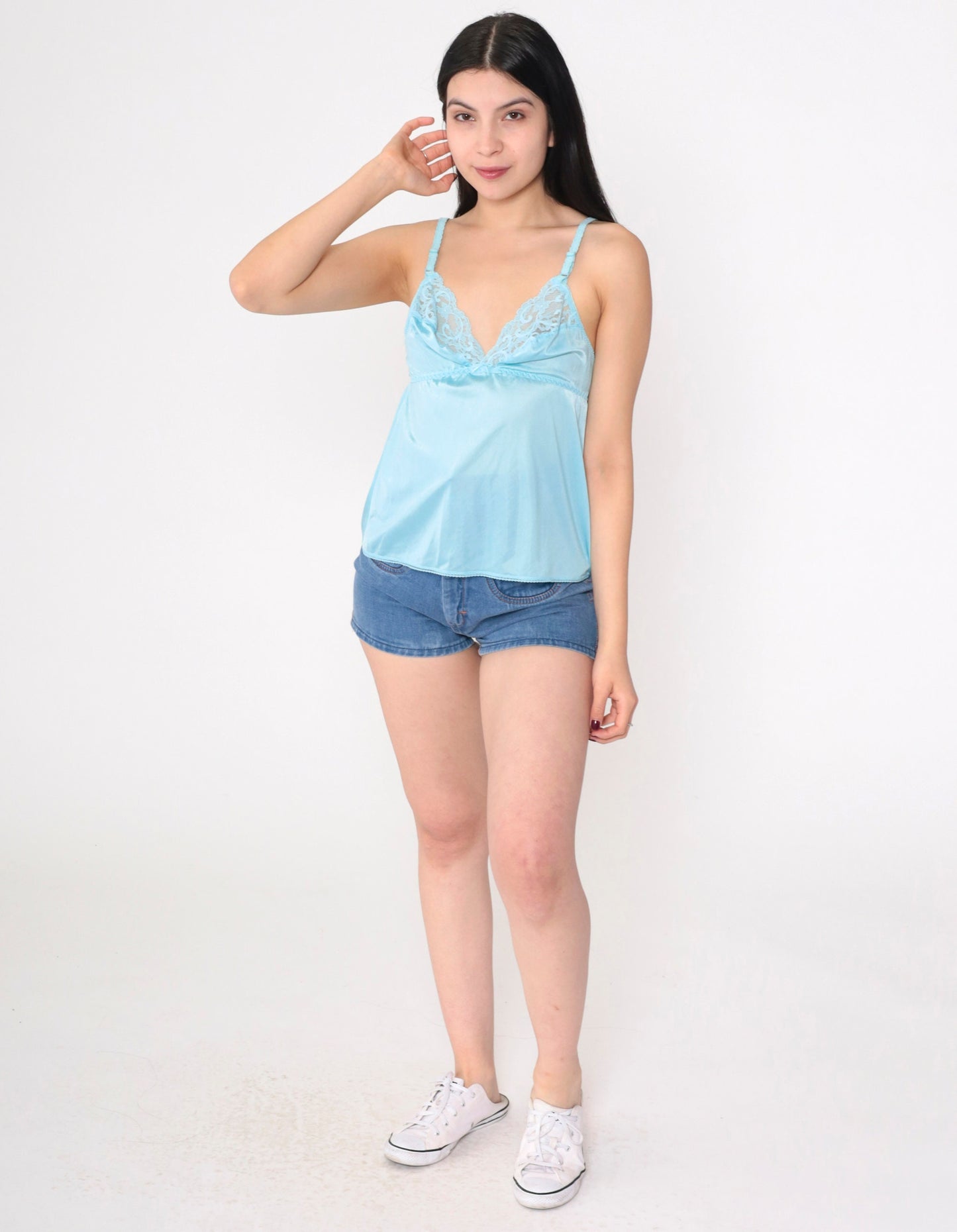 80s Blue Lace Camisole Empire Waist Tank Top Sheer Small