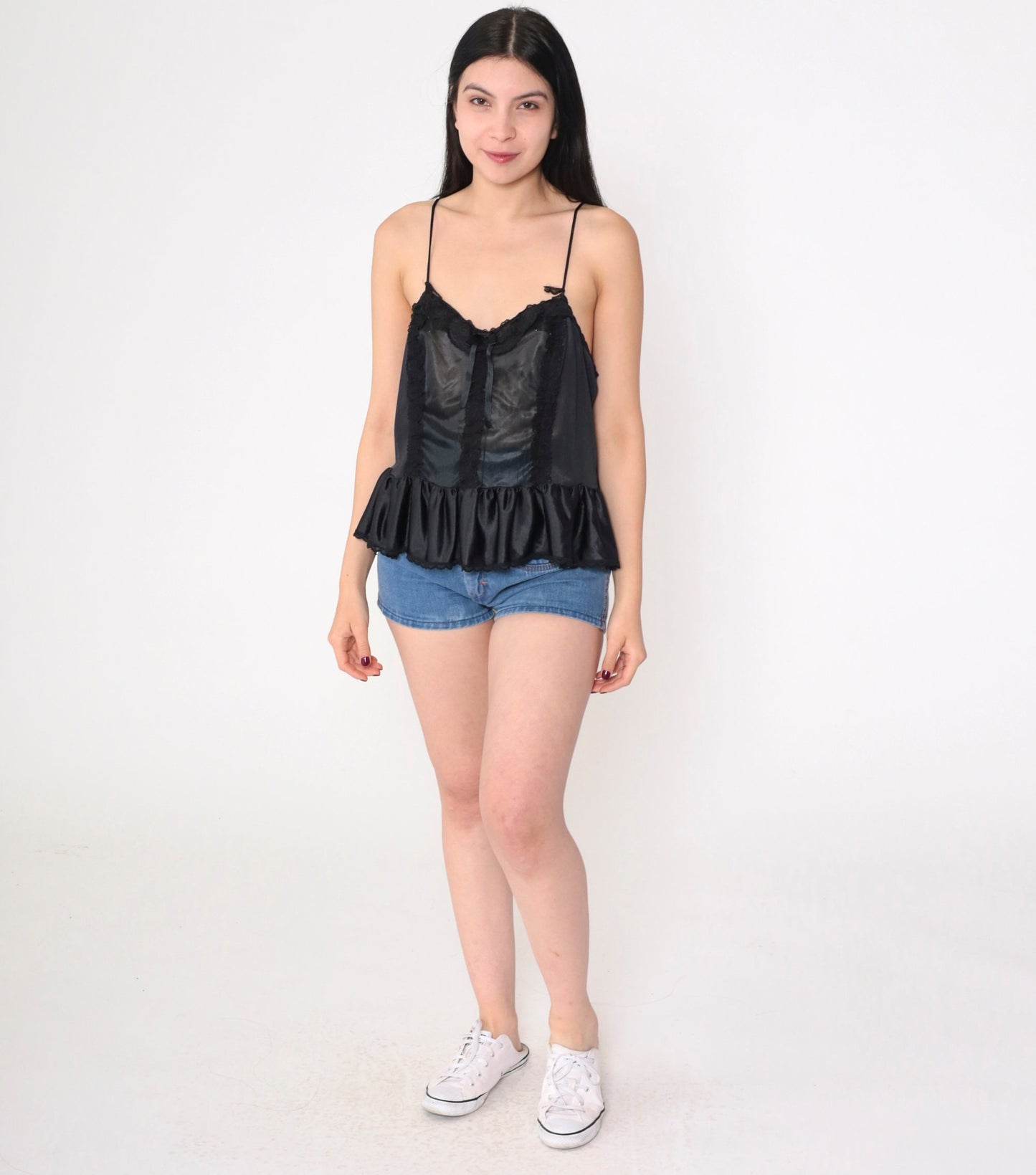 90s Black Lace Trim Camisole Tank Top Floral Ruffle Flounce Medium M