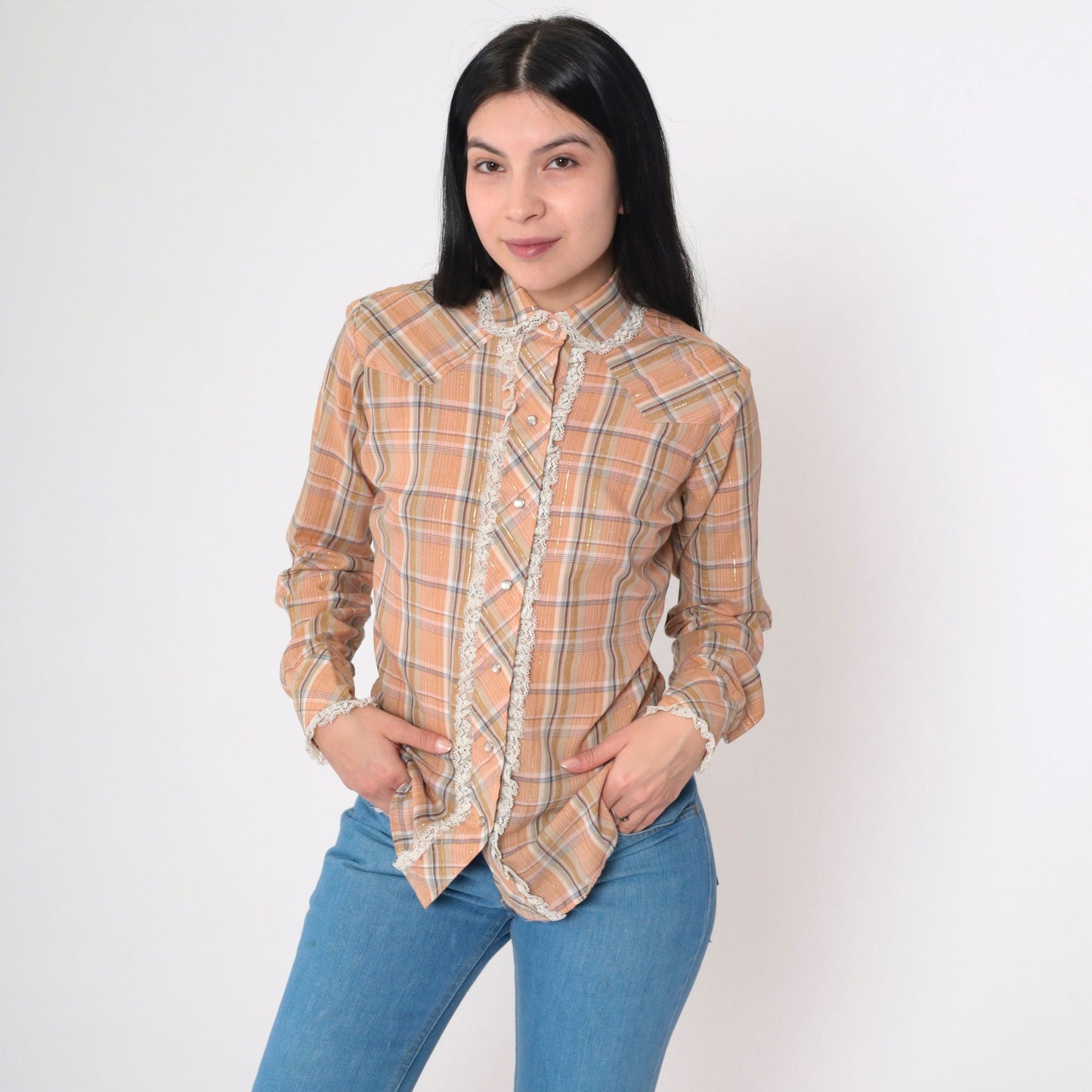 70s Panhandle Slim Western Shirt Metallic Plaid Lace Pearl Snap Orange Small